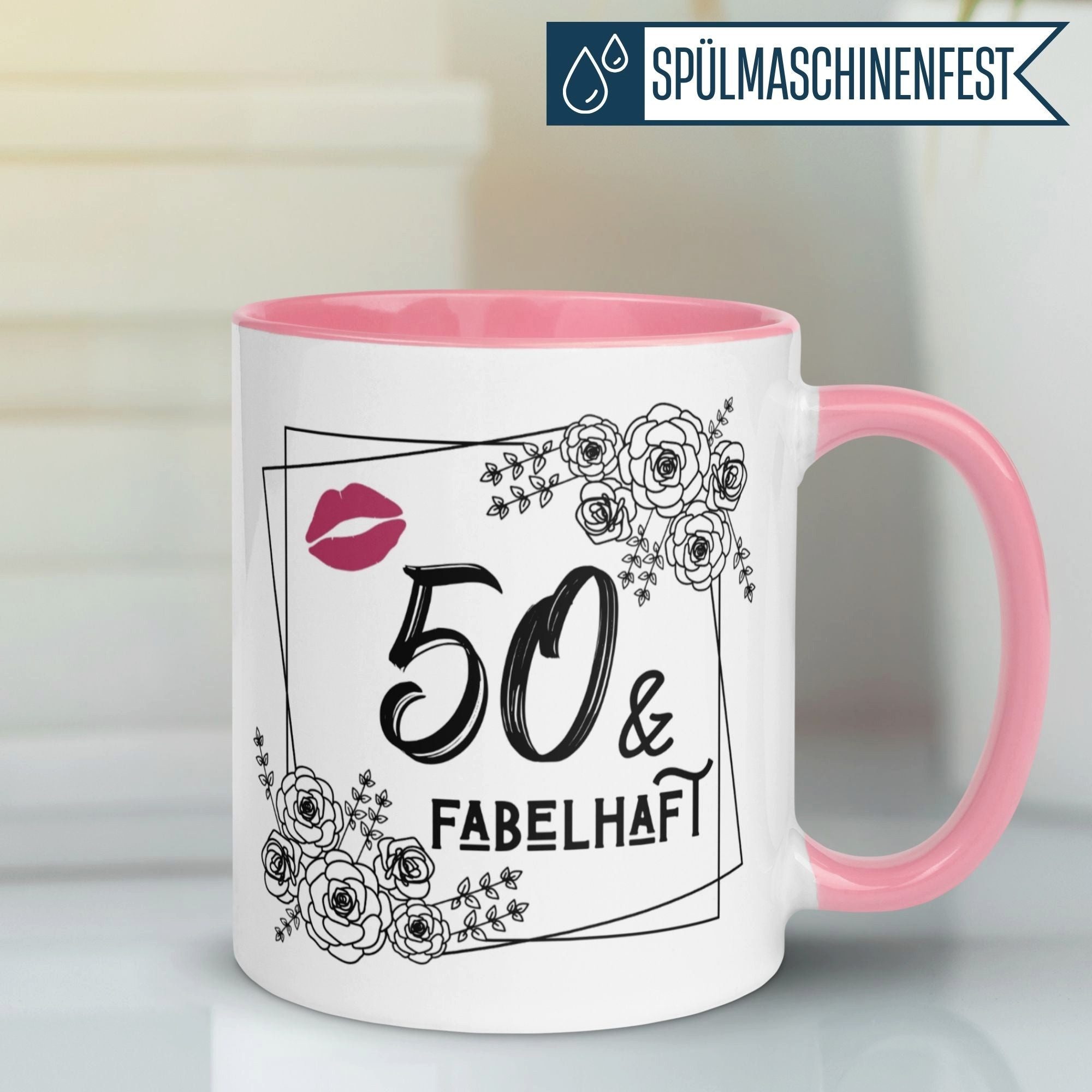 Momentals Tasse 50 Geburtstag Frau – „50 & Fabelhaft“ – Geburtstagsgeschenk Frauen, Gratis Versand · Links-&Rechtshänder · Spülmaschinenfest