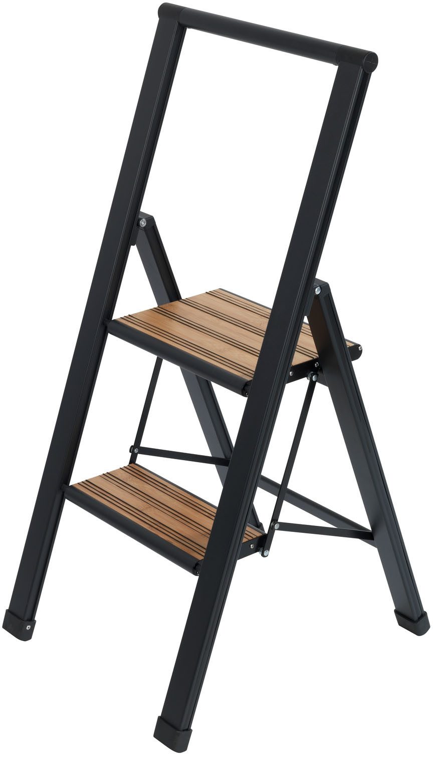 WENKO Trittleiter Modell Alu-Design, rutschsichere XXL-Stufen, robustes Aluminium in Kombination mit Bambus