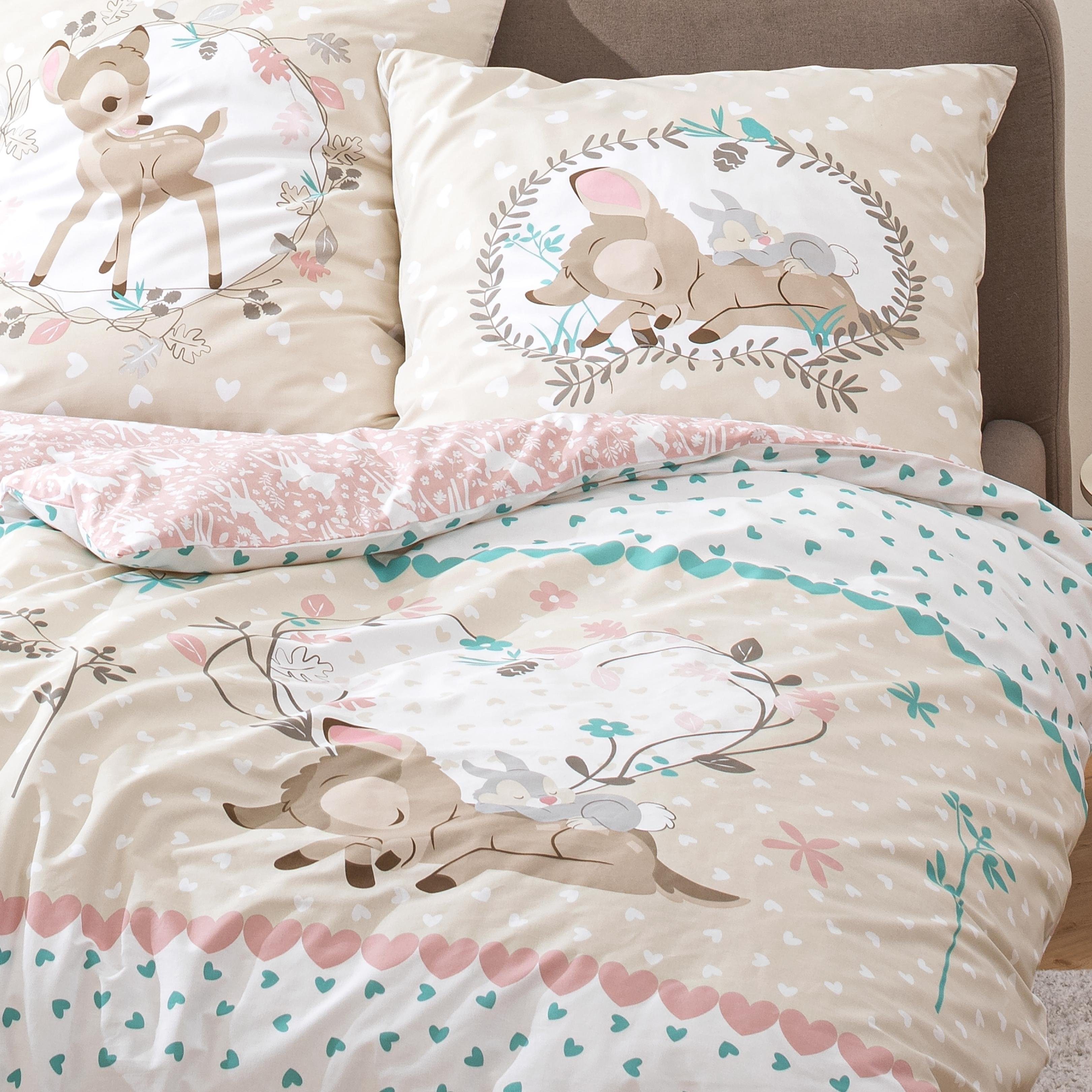 Kinderbettwäsche Bambi 135x200 + 80x80 cm, 100 % Baumwolle, MTOnlinehandel, Renforcé, 2 teilig, Disney's Bambi Reh & Klopfer Hase in beige, mint und rosé