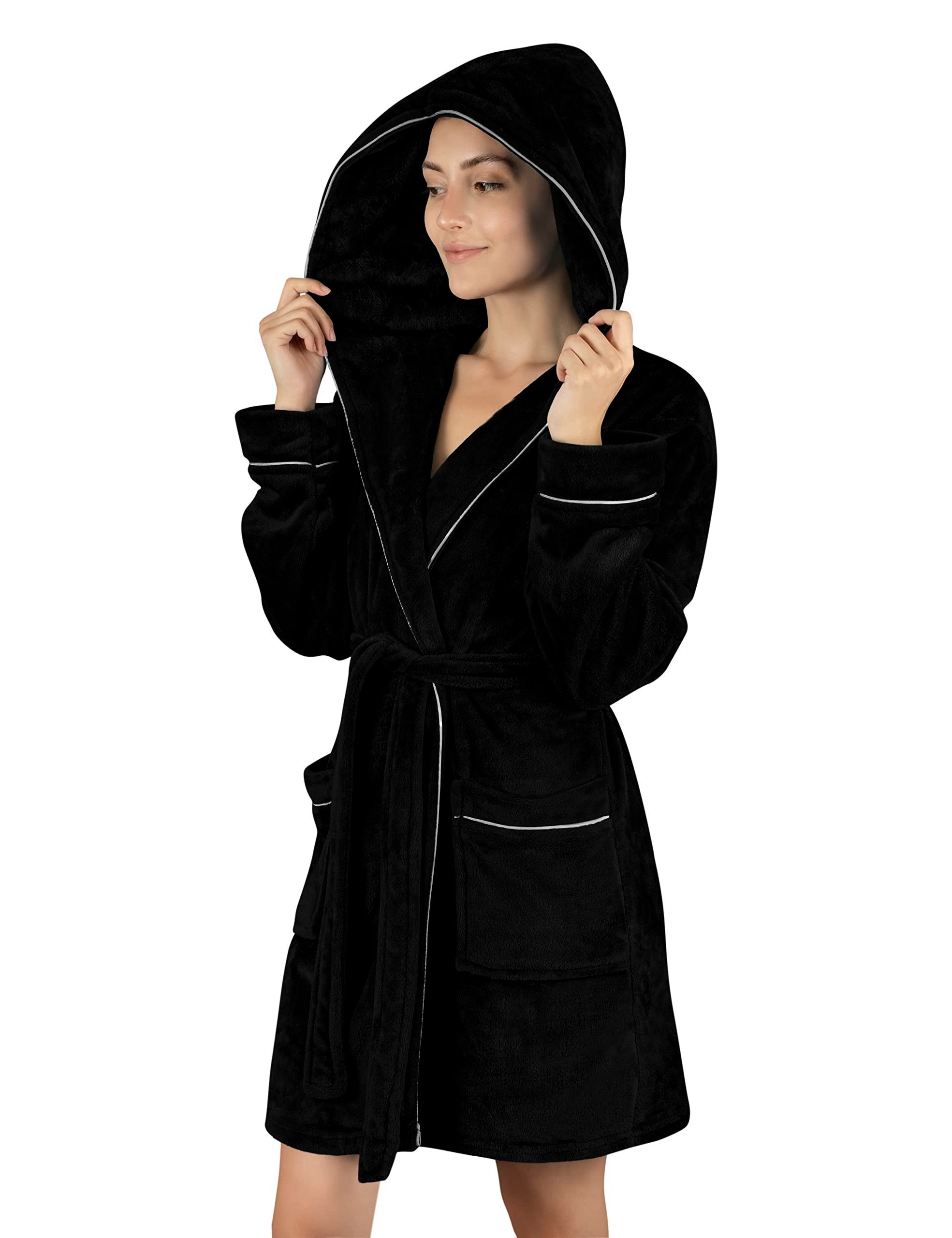 Gräfenstayn Damenbademantel Bademantel Damen flauschig Kapuze Kuschelfleece leicht kurz, warm & kuschelig, Knielang, Fronttaschen, Gürtel, S-XXL