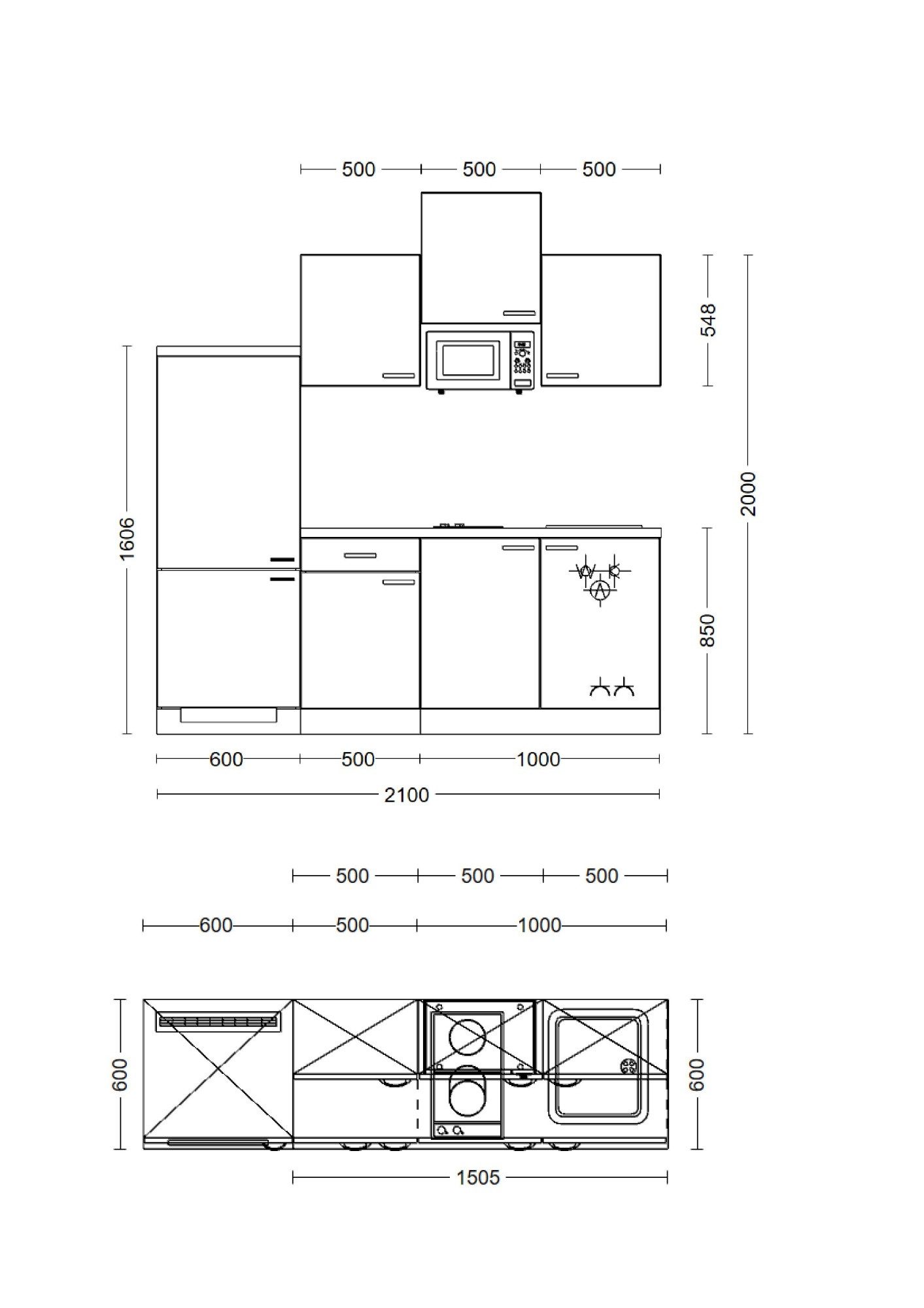 Flex-Well Küchenzeile Singleküche mit E-Geräten - 210 cm breit - Buche – Namu