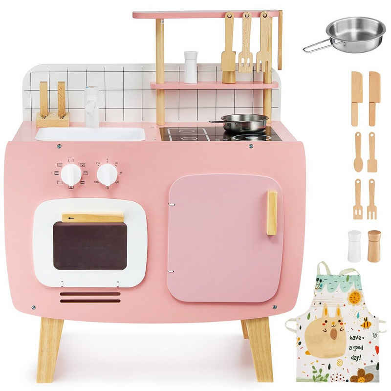Mamabrum Spielküche Retro-Küche aus Holz mit Schürze und Zubehör - rosa