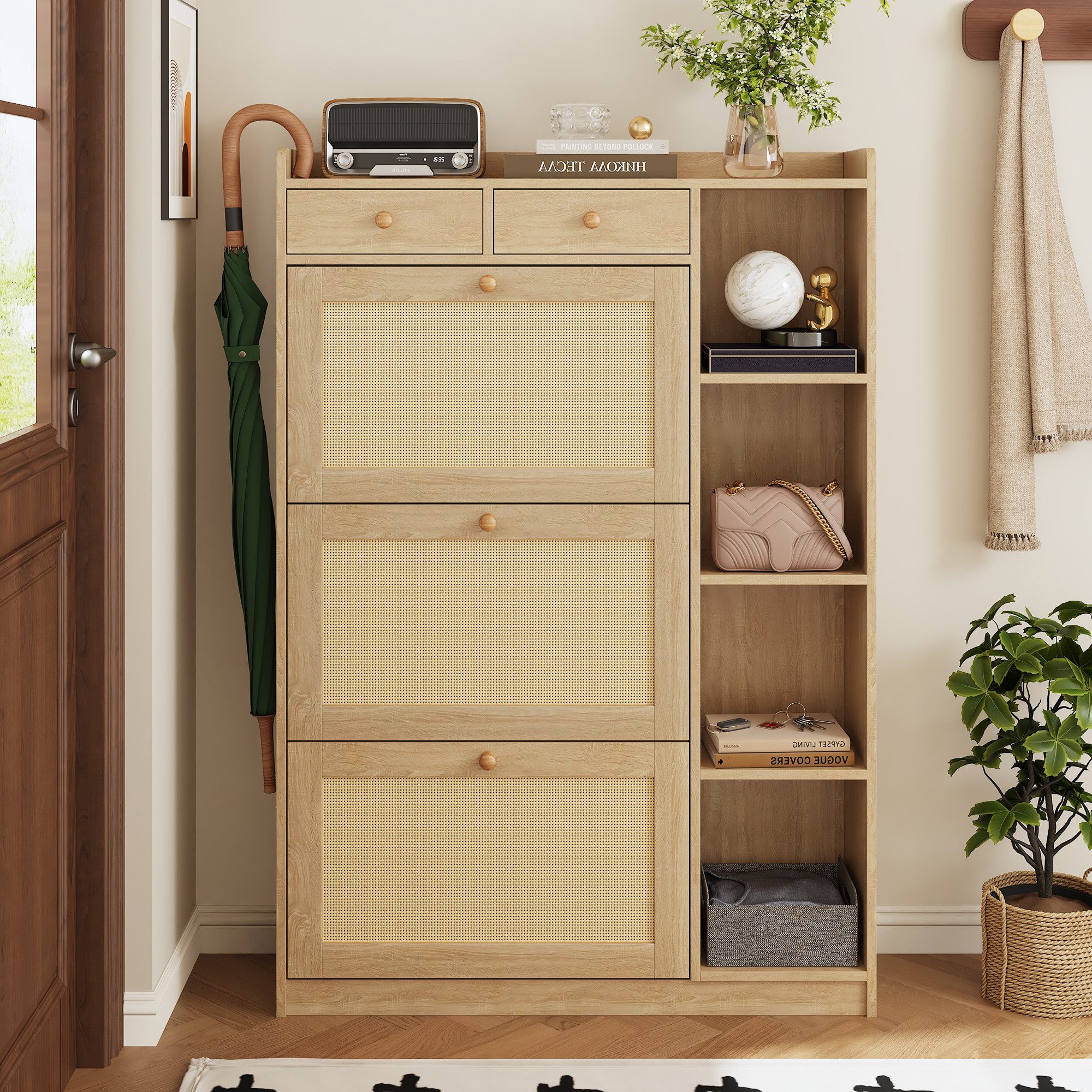 i@home Schuhkipper Schmaler Schuhschrank aus Rattan mit 3 Klappfächern, verstellbaren Einlegeböden, seitlichen offenen Ablagen, 90×24×103 cm