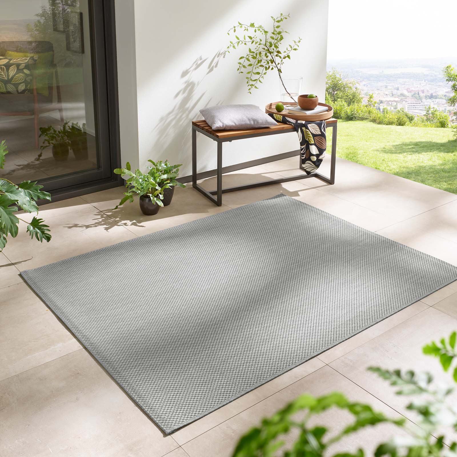 TaraCarpet Teppich Regina Teppich aus robustem Flachgewebe für In und Outdoor, rechteckig, Höhe: 7 mm, Küche Wohnzimmer Terrasse Garten Balkon uni grau 80x150