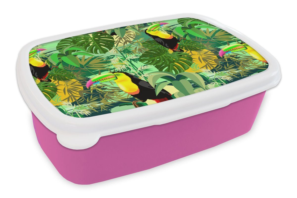 MuchoWow Lunchbox Vogel - Muster - Dschungel, Kunststoff, (2-tlg), Brotbox für Erwachsene, Brotdose Kinder, Snackbox, Mädchen, Kunststoff rosa