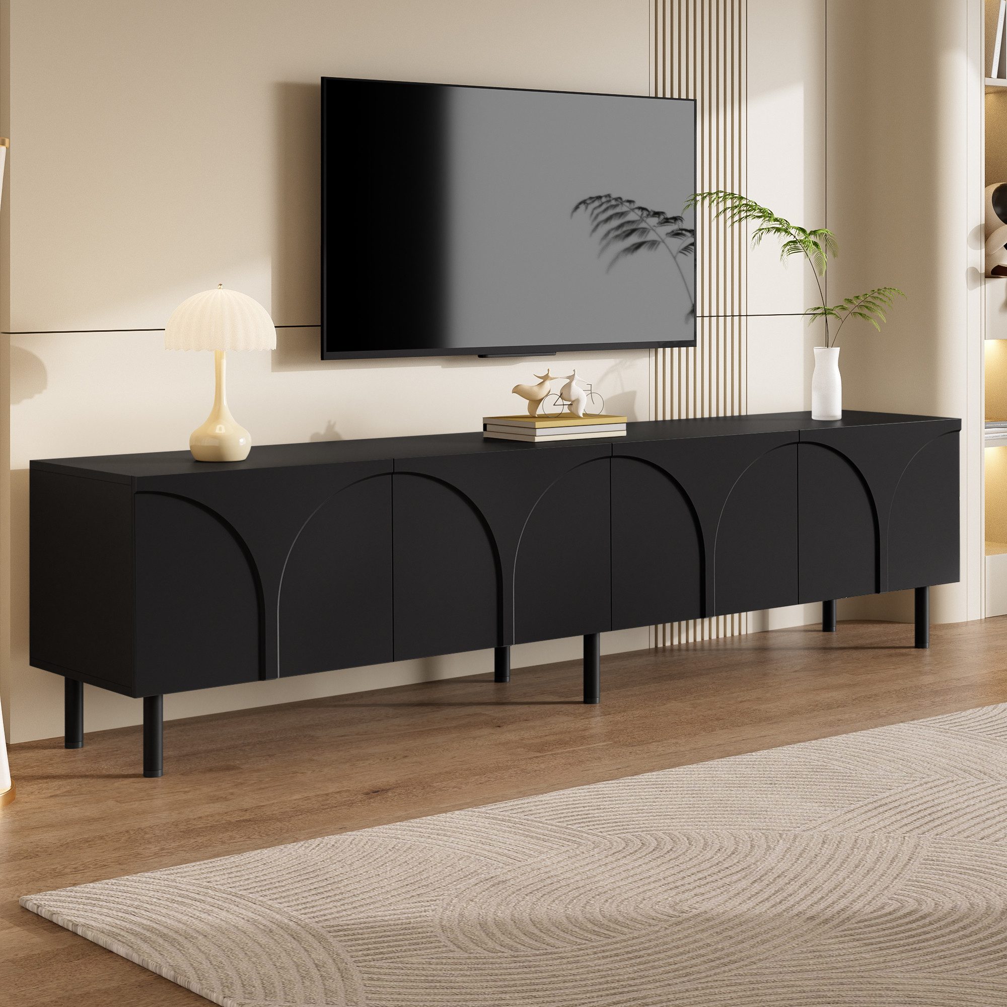 Merax Lowboard mit 3D geschwungenen Linien (180 x 35 x 49 cm (L x B x H), 1 St), TV-Schrank mit 4 Türen, 2 Staurräumen & Metallfüßen
