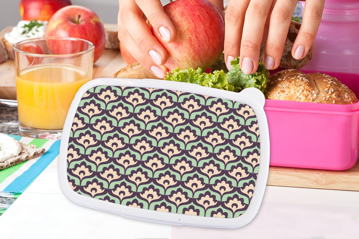 MuchoWow Lunchbox Muster - Retro Snackbox, Kinder, Brotdose (2-tlg), Kunststoff, - rosa Brotbox Mädchen, für Erwachsene, Blumen, Kunststoff