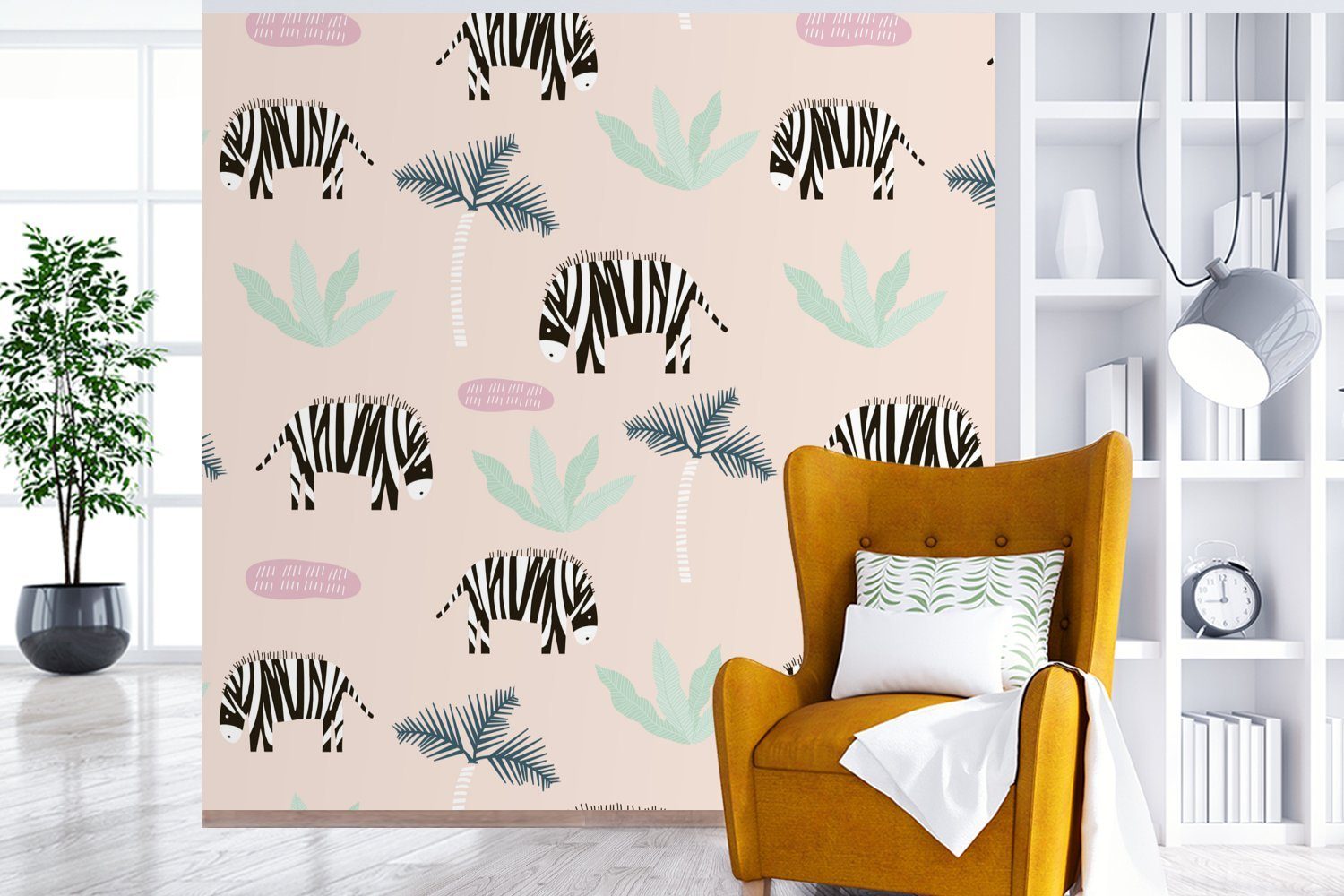Pastell bedruckt, oder Wohnzimmer Muster, - (5 Tapete MuchoWow Schlafzimmer, St), Matt, Wandtapete Fototapete - - Palme Vinyl Zebra für