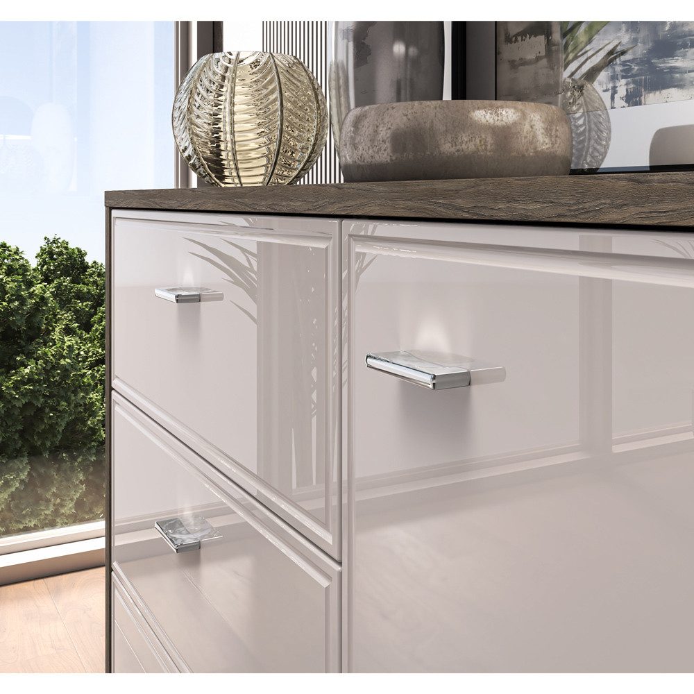Lomadox Wohnwand ALESSANDRIA-131, (2-St., Highboard Kommode), in Beige Hochglanz mit Eiche, inkl. LED Beleuchtung