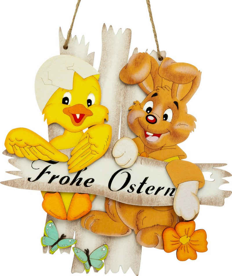 SIKORA Osterfigur OD15 lustiges Holz Türschild zum Aufhängen mit Schriftzug Frohe Ostern