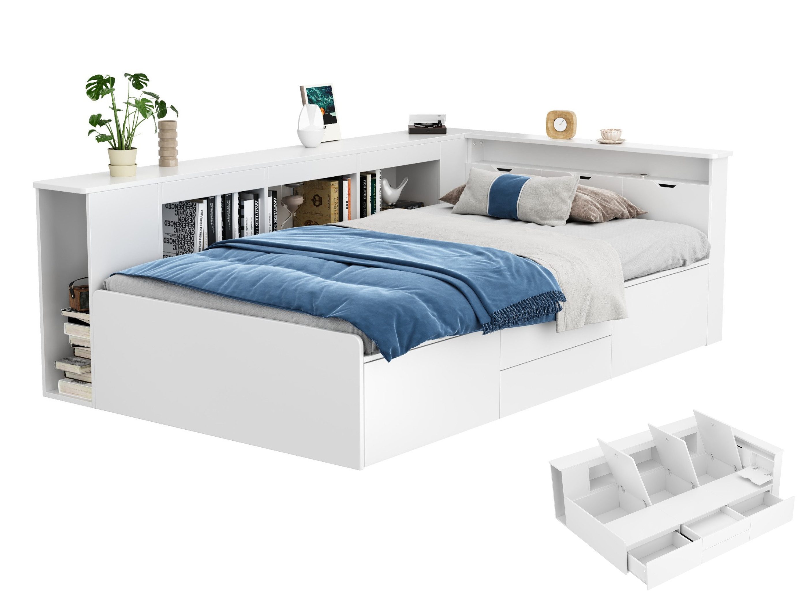 SeedWave Einzelbett Holz-Kinderbett mit Stauraum, Kopfteilschublade und Einbauschrank, Jugendbett mit Stauraum unterdembett,90 x 200cm,weißes Einzelbett