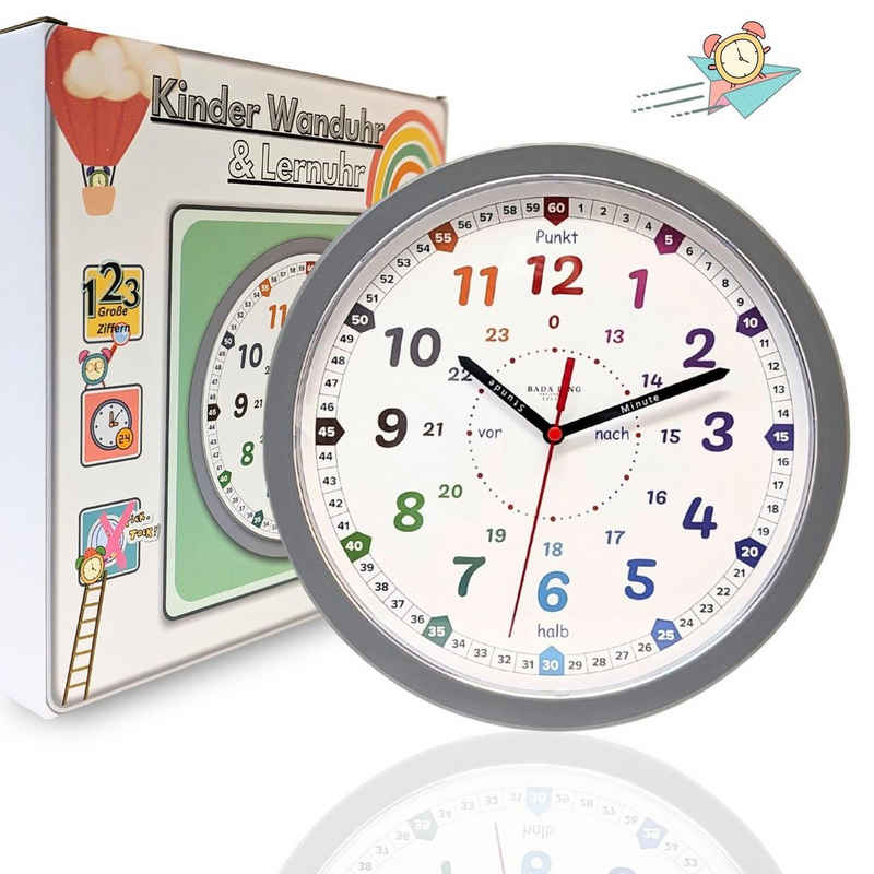 Bada Bing Wanduhr Lernuhr für Kinder 25cm Ø Uhr zum Lernen der Uhrzeit Kinderuhr (Lautlos ohne Ticken, inkl. Lernblatt)