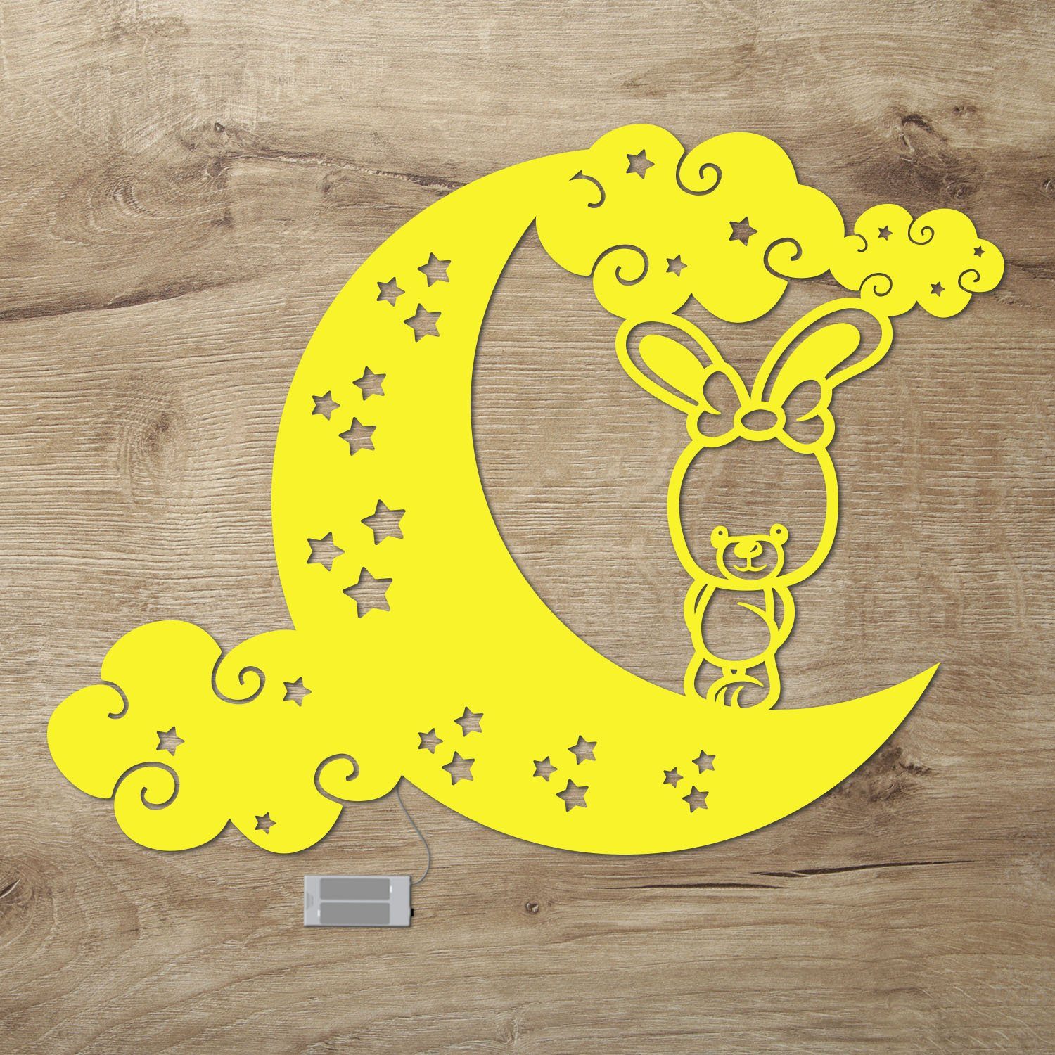 Namofactur LED Nachtlicht Hase auf Mond Nachtlicht Holz Wandlampe für Kinder I Kinderzimmer, Ohne Zugschalter/Stern, LED fest integriert, Warmweiß Gelb