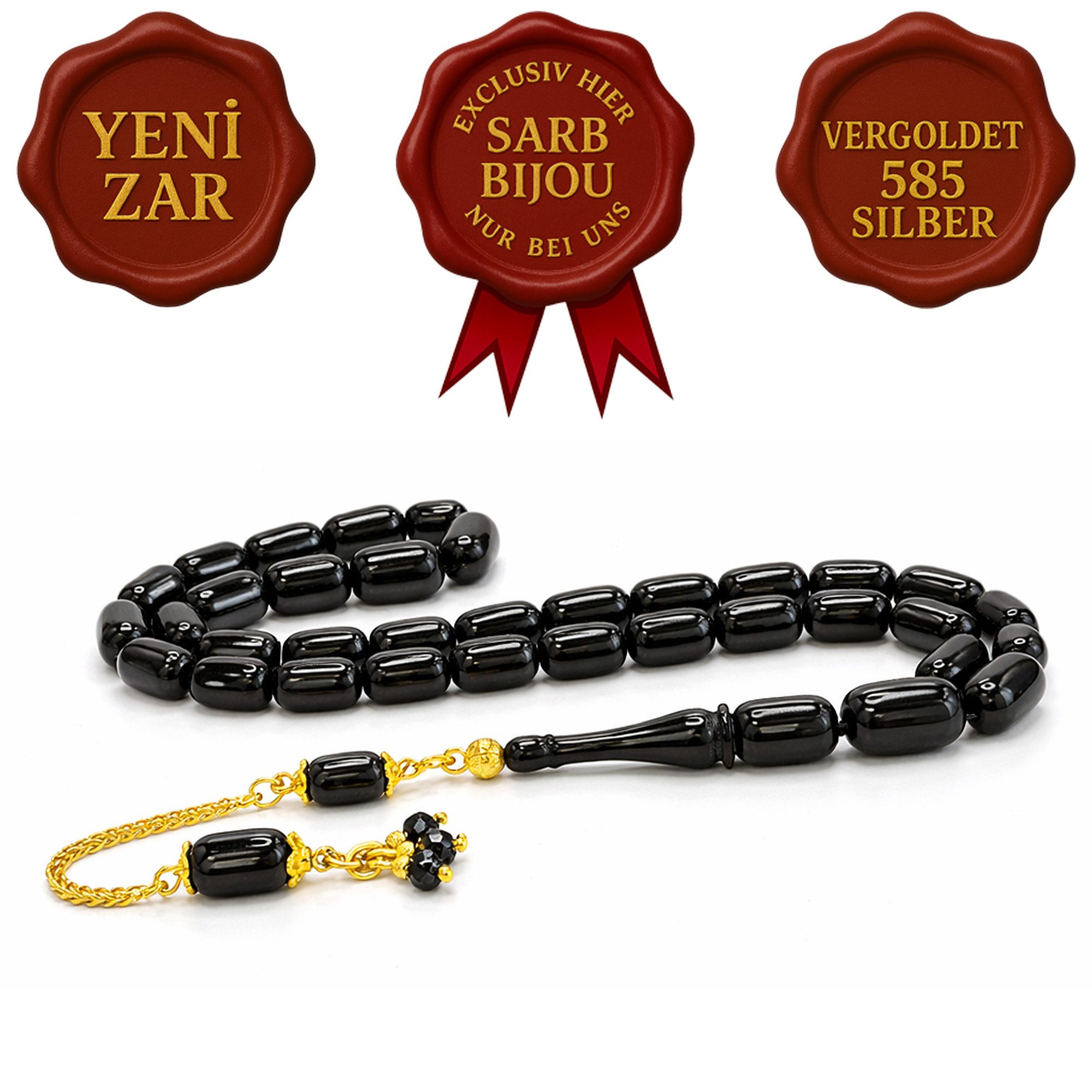 M-Punkt24 Kettenanhänger Tesbih Tespih (SCHWARZ), 925 Silber mit 585 vergoldet