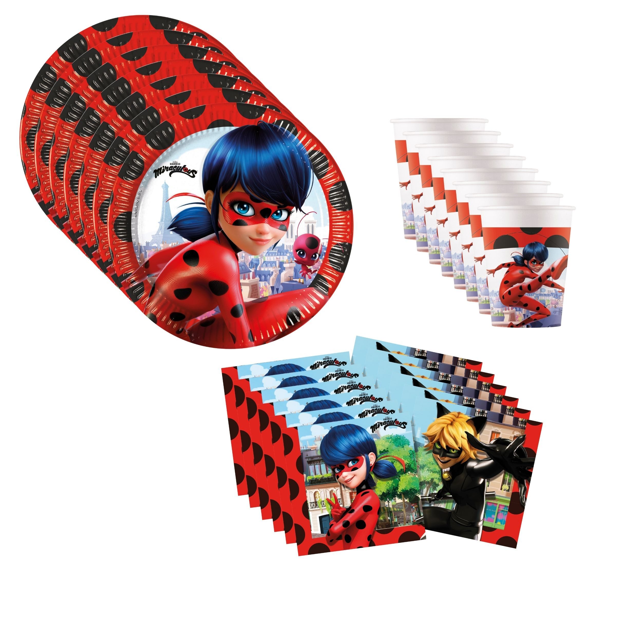 Procos Einweggeschirr-Set Miraculous Partygeschirr Set 36-tlg Kindergeburtstag Ladybug Teller, 8 Personen