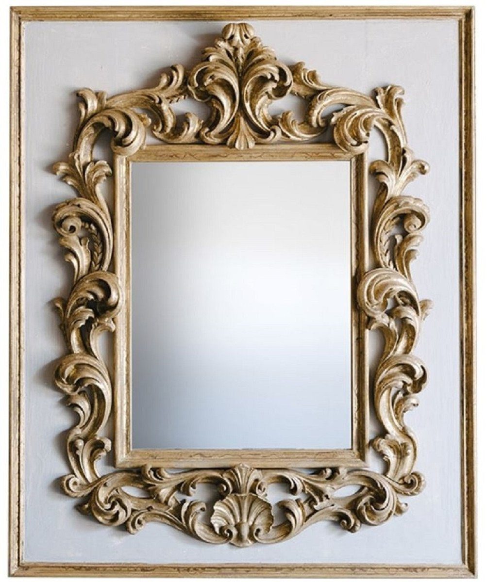 Casa Padrino Barockspiegel Barock Spiegel Grau / Gold 104,5 x H. 128 cm - Prunkvoller handgefertigter Wandspiegel mit dekorativem Rahmen und wunderschönen Verzierungen