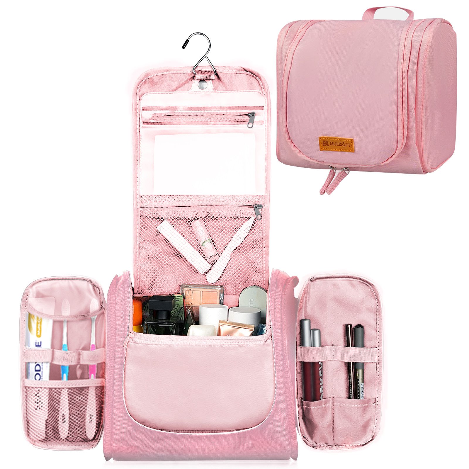 MULISOFT Kosmetiktasche Kulturbeutel für Frauen und Männer Großes Fassungsvermögen (Rosa), Wasserdicht mit Aufhängehaken,16 Fächer Portable Reise Make Up Tasche