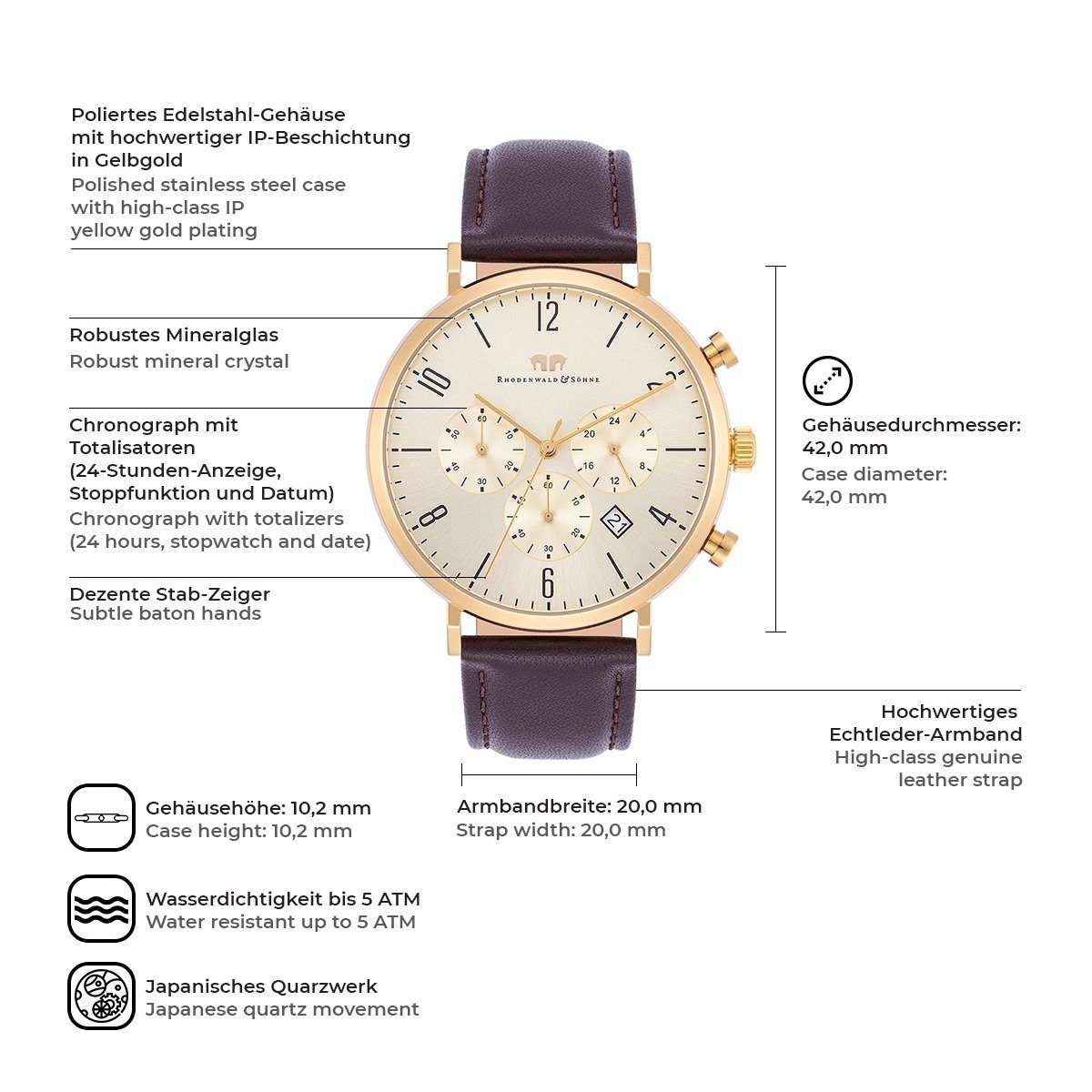 Rhodenwald & Söhne Chronograph Arakon gelbgold Arakon, mit Echtleder-Armban günstig online kaufen