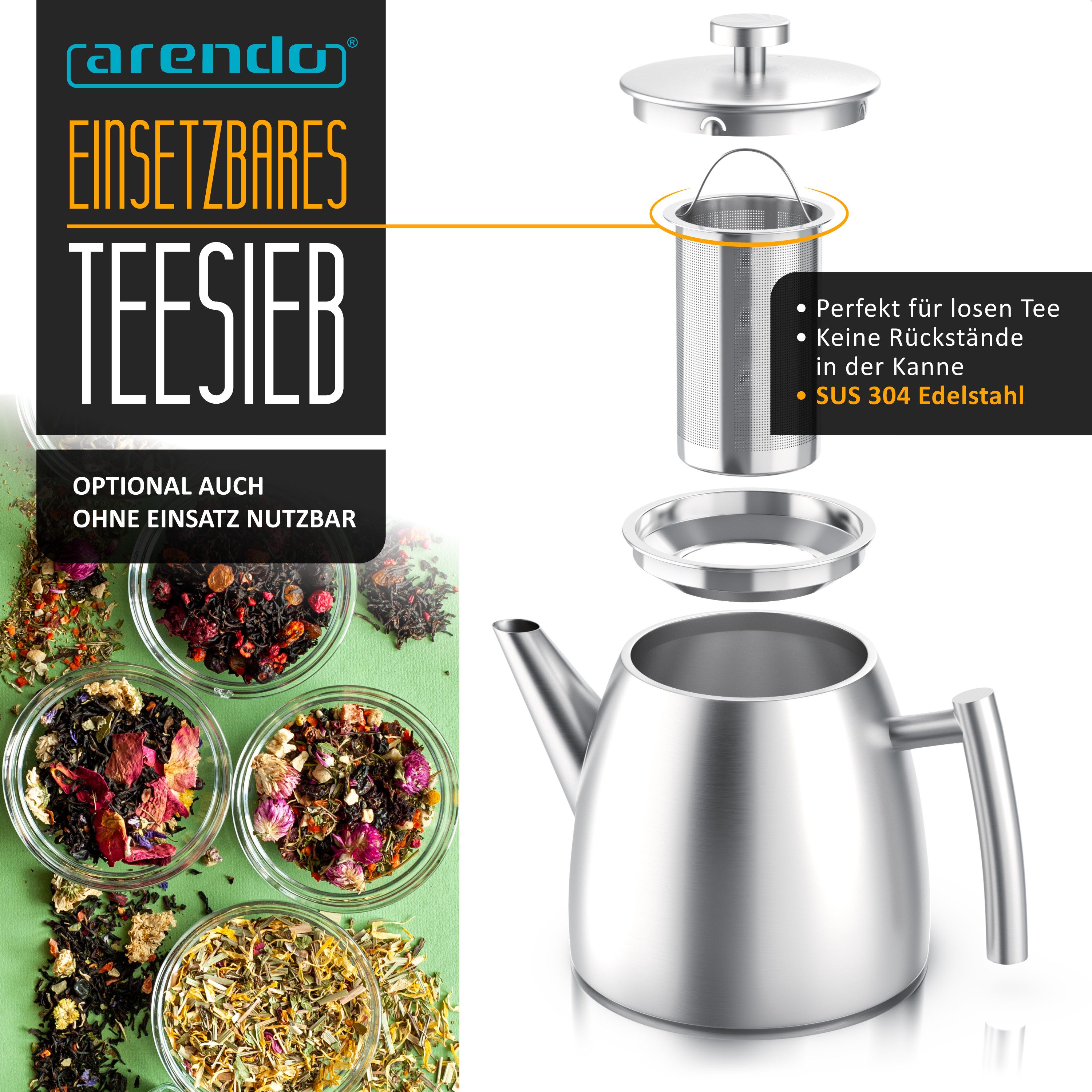 Arendo Teekanne Edelstahl, Siebeinsatz, 1000 ml, mit Griff aus Metall, Isolierkanne, 1 l, (Set, 2-St), Doppelwandige Thermo Isolierung, Kanne mit Teesieb für losen Tee