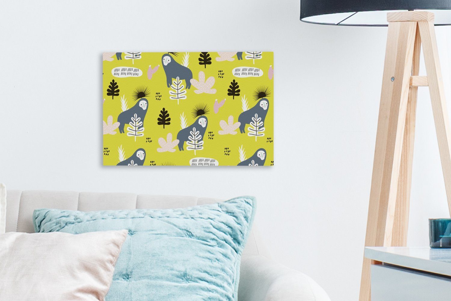 OneMillionCanvasses® Leinwandbild Affe - Blatt (1 cm - Wandbild 30x20 Leinwandbilder, Wanddeko, St), Gelb, Aufhängefertig