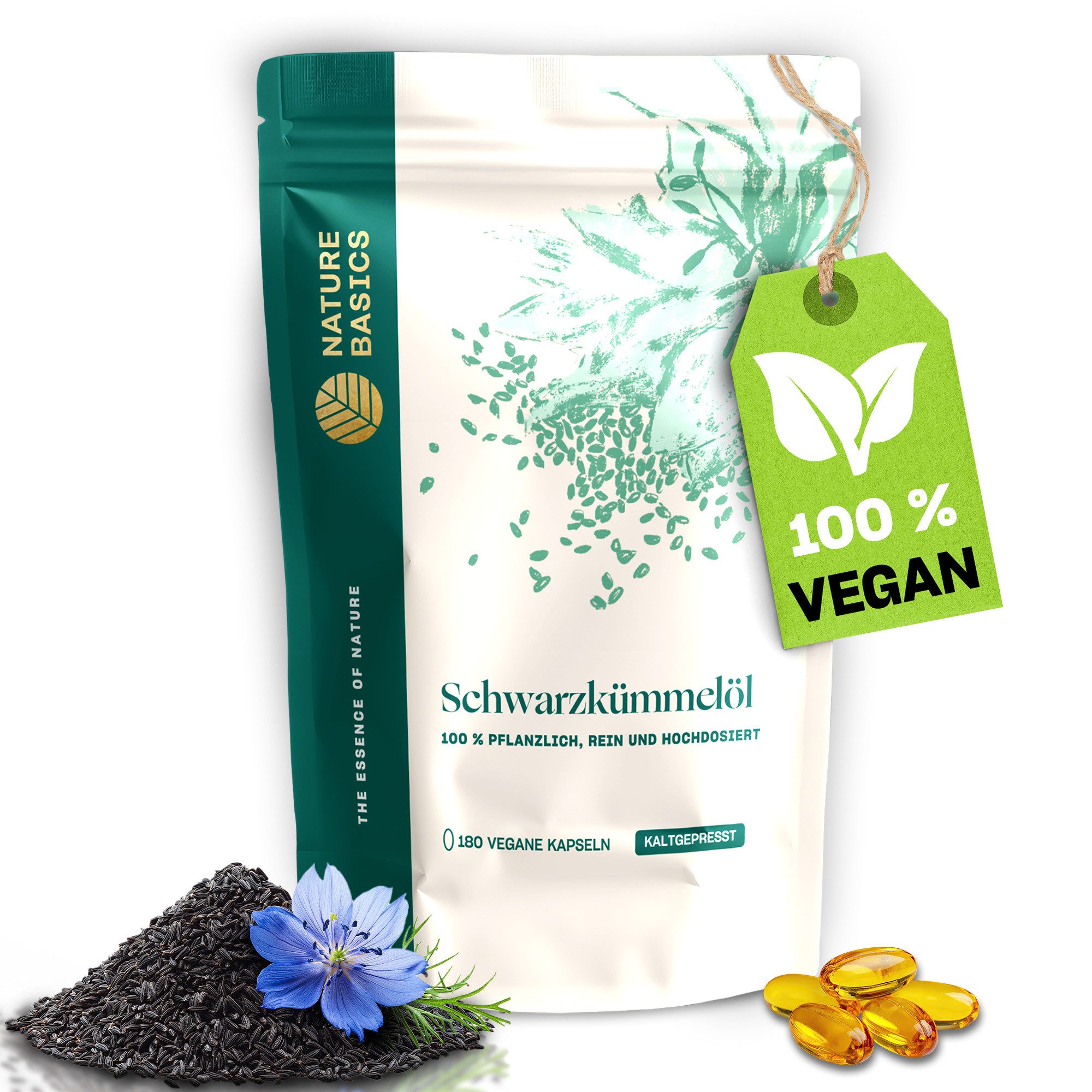 Nature Basics Hochwertiges 500mg Schwarzkümmelöl 250mg Linolsäure Vegan 180 Kapseln, 180 St., 180 g