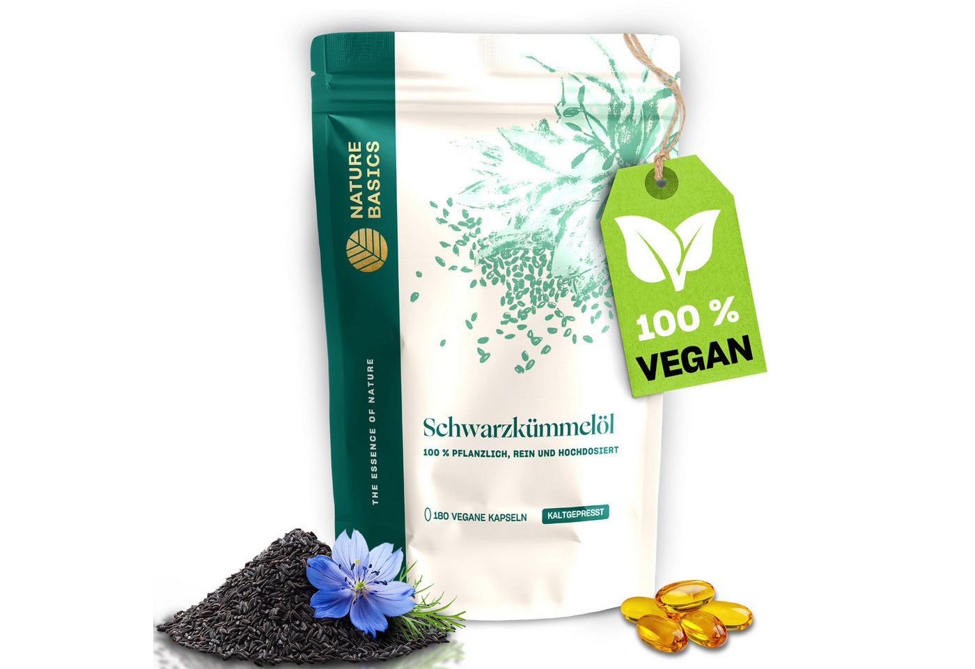 Nature Basics Hochwertiges 500mg Schwarzkümmelöl 250mg Linolsäure Vegan 180 Kapseln, 180 St., 180 g