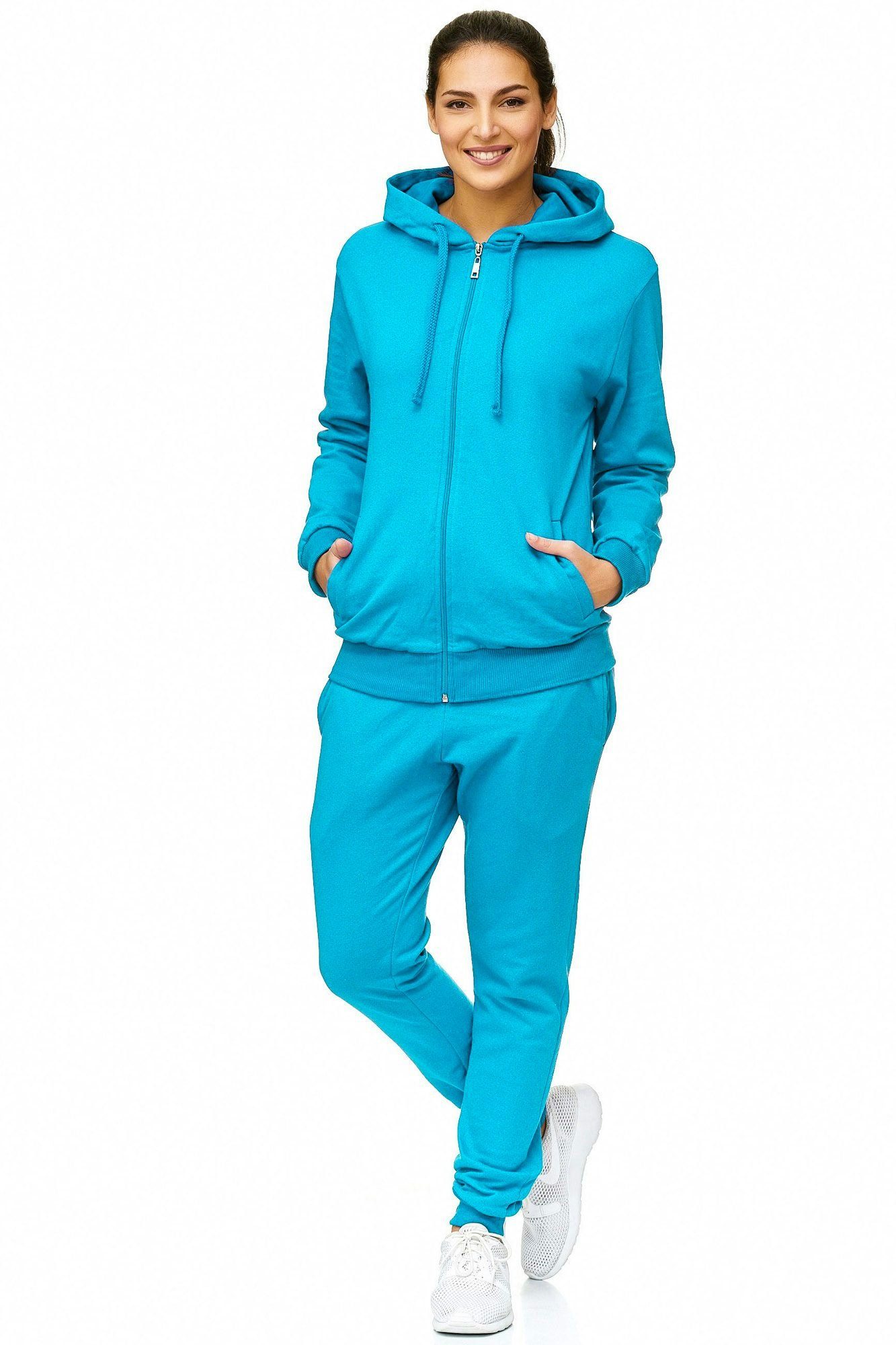 L.gonline Freizeitanzug Damen Jogginganzug einfarbig 100% Baumwolle 586 Türkis XXL (Kapuzenjacke mit Reißverschluss, Hose, 2-tlg), Fitness Freizeit Casual – Bild 3 von 5