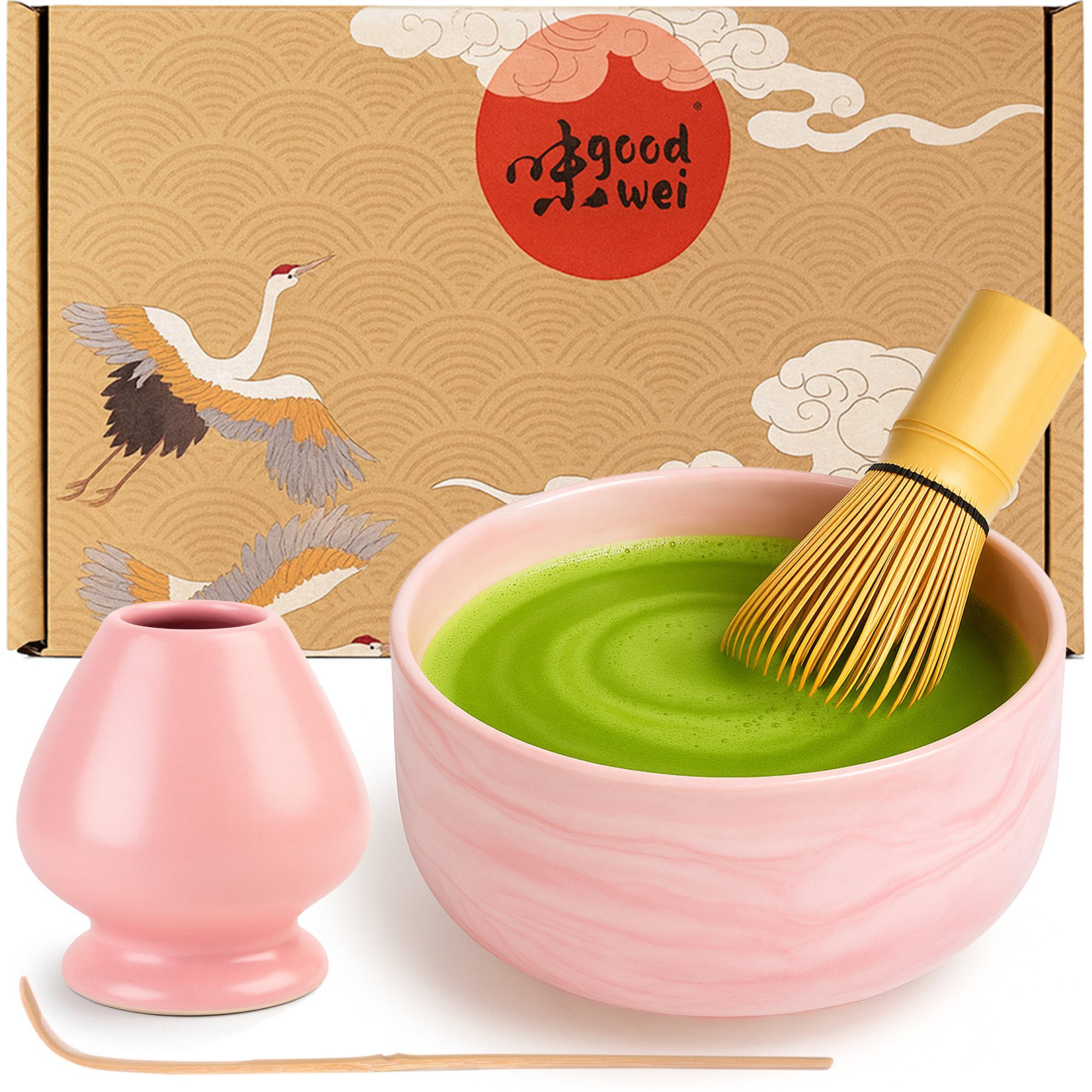 Goodwei Teeschale Matcha-Set "Pinku" 80 mit Teeschale, Matchabesen und Besenhalter, 4-tlg., Keramik