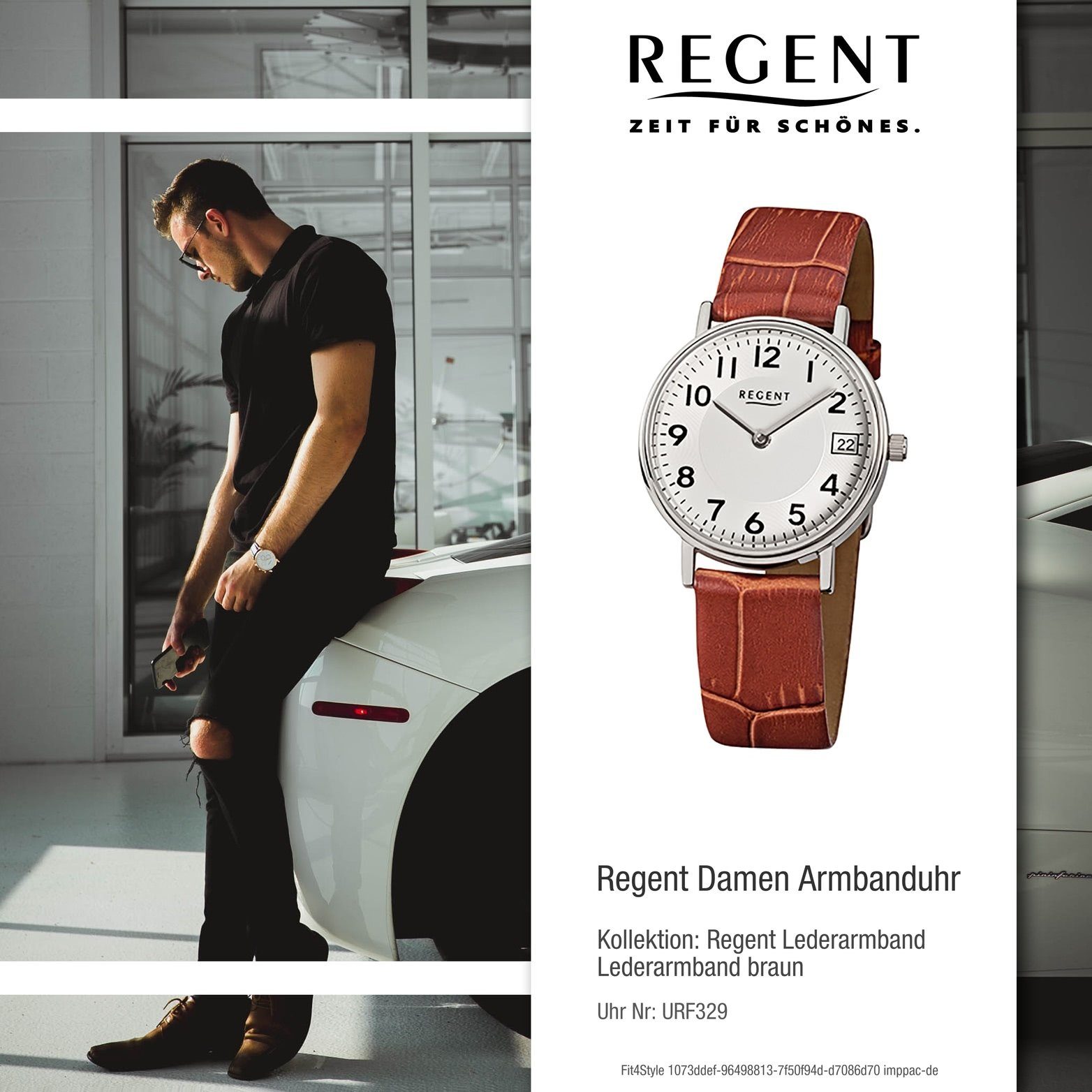 Regent 28mm) Damenuhr Uhr Gehäuse, klein Lederarmband (ca. Quarzuhr Damen rundes Leder braun, Regent Quarzuhr, F-329
