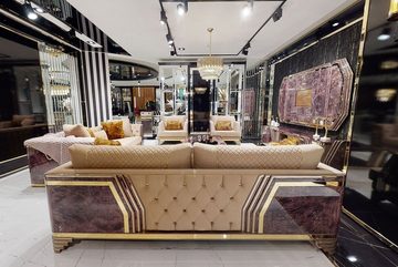 Casa Padrino Chesterfield-Sofa Luxus Art Deco Chesterfield Sofa Beige / Lila / Grau / Gold - Edles Wohnzimmer Sofa mit Marmoroptik - Luxus Art Deco Wohnzimmer & Hotel Möbel
