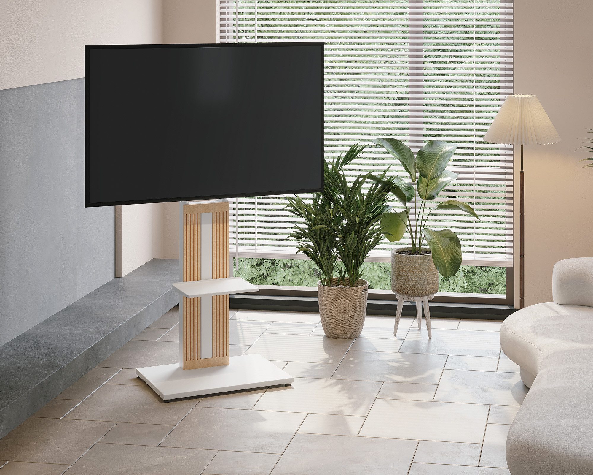 FITUEYES TV-Ständer aus Holz, mit höhenverstellbarer Ablage, ±15° schwenkbar, 32-65 Zoll, (bis 65,00 Zoll, höhenverstellbar, mit Kabelmanagement) – Bild 4 von 5