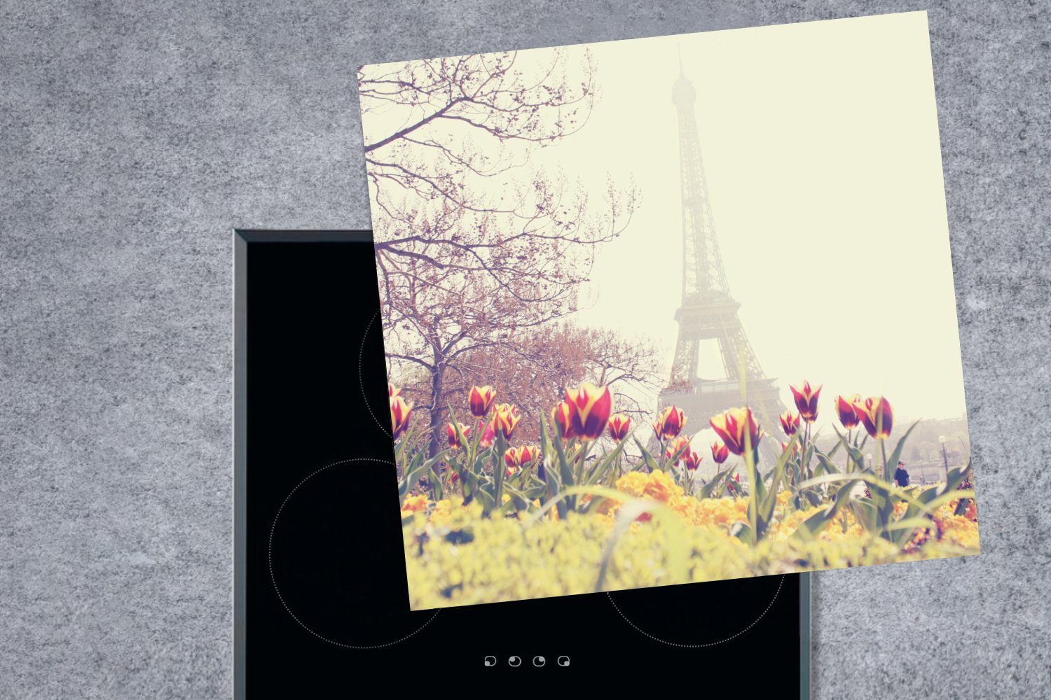 (1 MuchoWow Vinyl, Arbeitsplatte für küche - Herdblende-/Abdeckplatte cm, Blumen, Paris Ceranfeldabdeckung, 78x78 tlg), Eiffelturm -