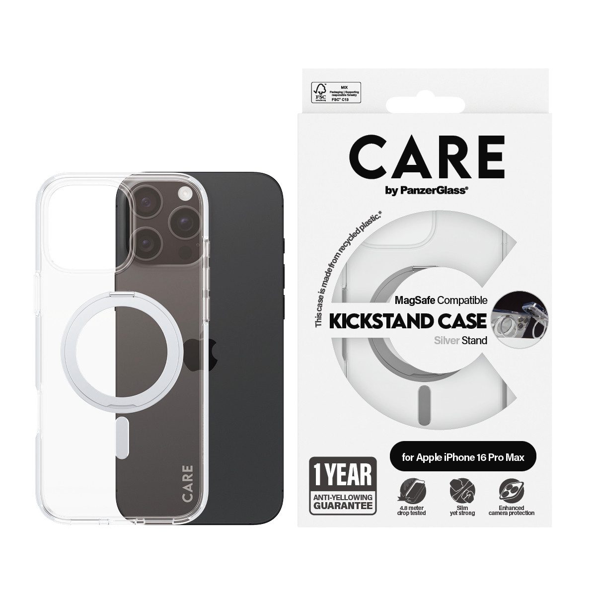 CARE by PanzerGlass Handyhülle Feature Silver Kickstand MagSafe Apple iPhone 16 Pro Max, Backcover, Schutzhülle, Handyschutzhülle, Case, Schutzcase, stoßfest