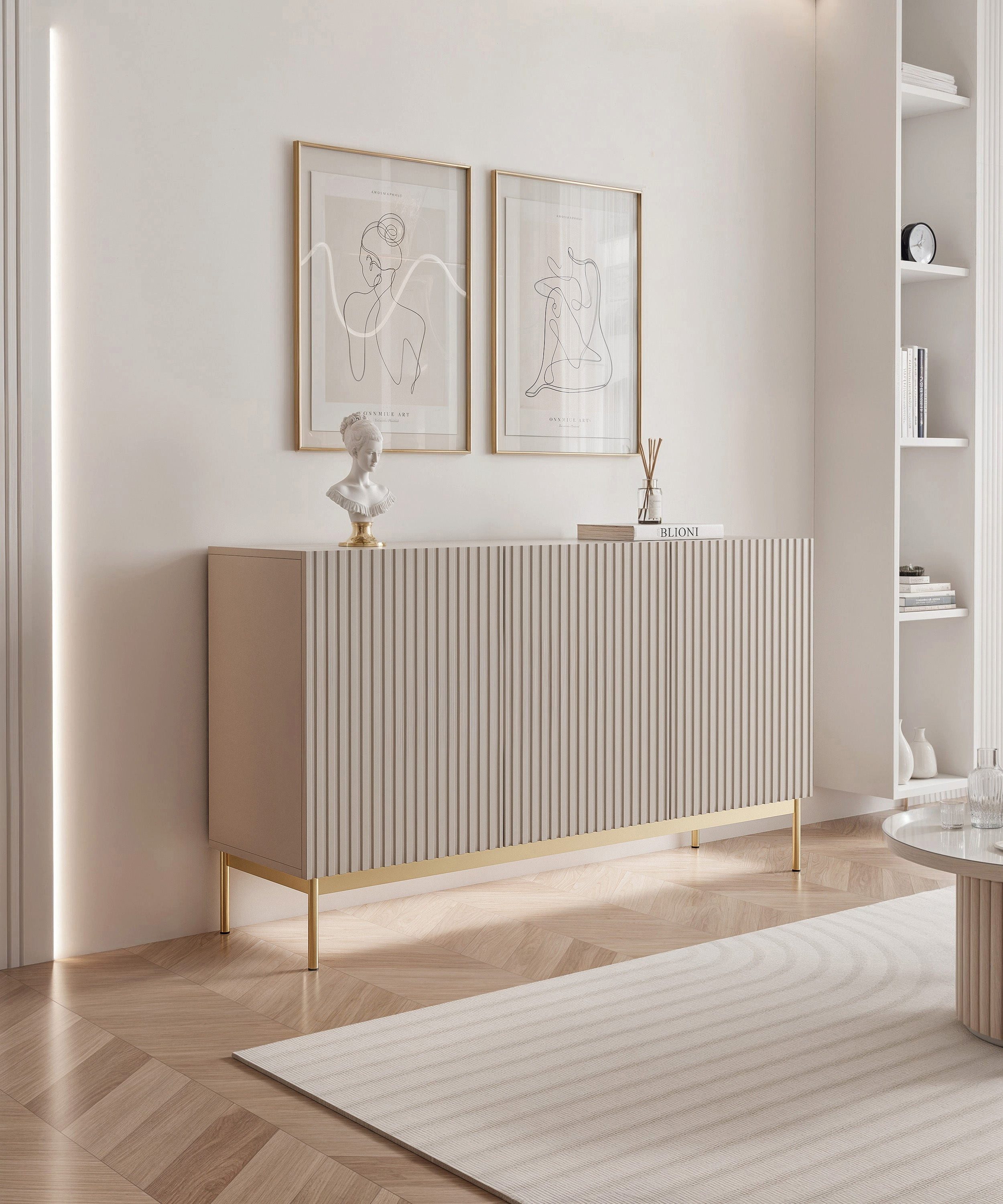 Selsey Sideboard LINEARIS, Sideboard in Kaschmirgrau mit LED & goldenen Füßen