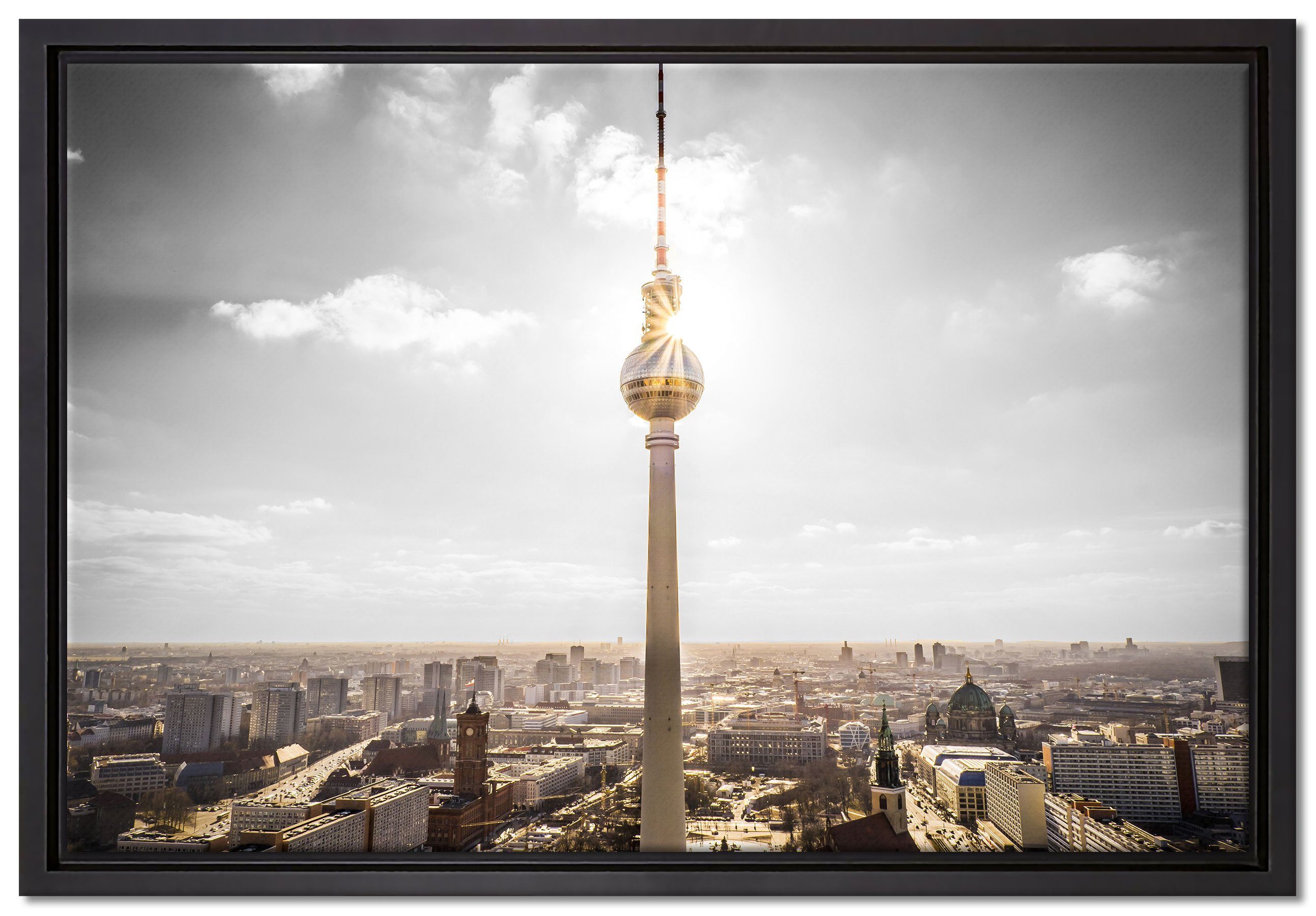 Pixxprint Leinwandbild Berliner Fernsehturm, Wanddekoration in einem (1 gefasst, St), fertig inkl. bespannt, Zackenaufhänger Schattenfugen-Bilderrahmen Leinwandbild
