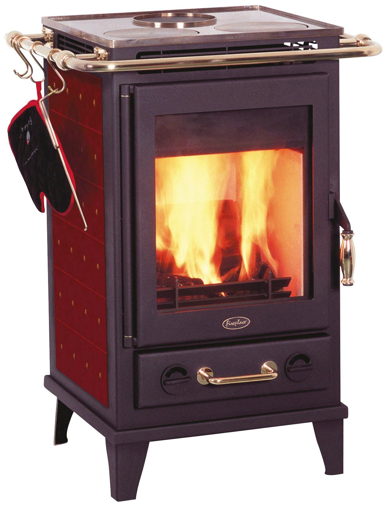 Fireplace Kaminofen Florenz Keramik, 7 kW, Zeitbrand, mit Kochplatten,  Seitenteile mit bordeux Keramikfliesen verkleidet | Kaminöfen