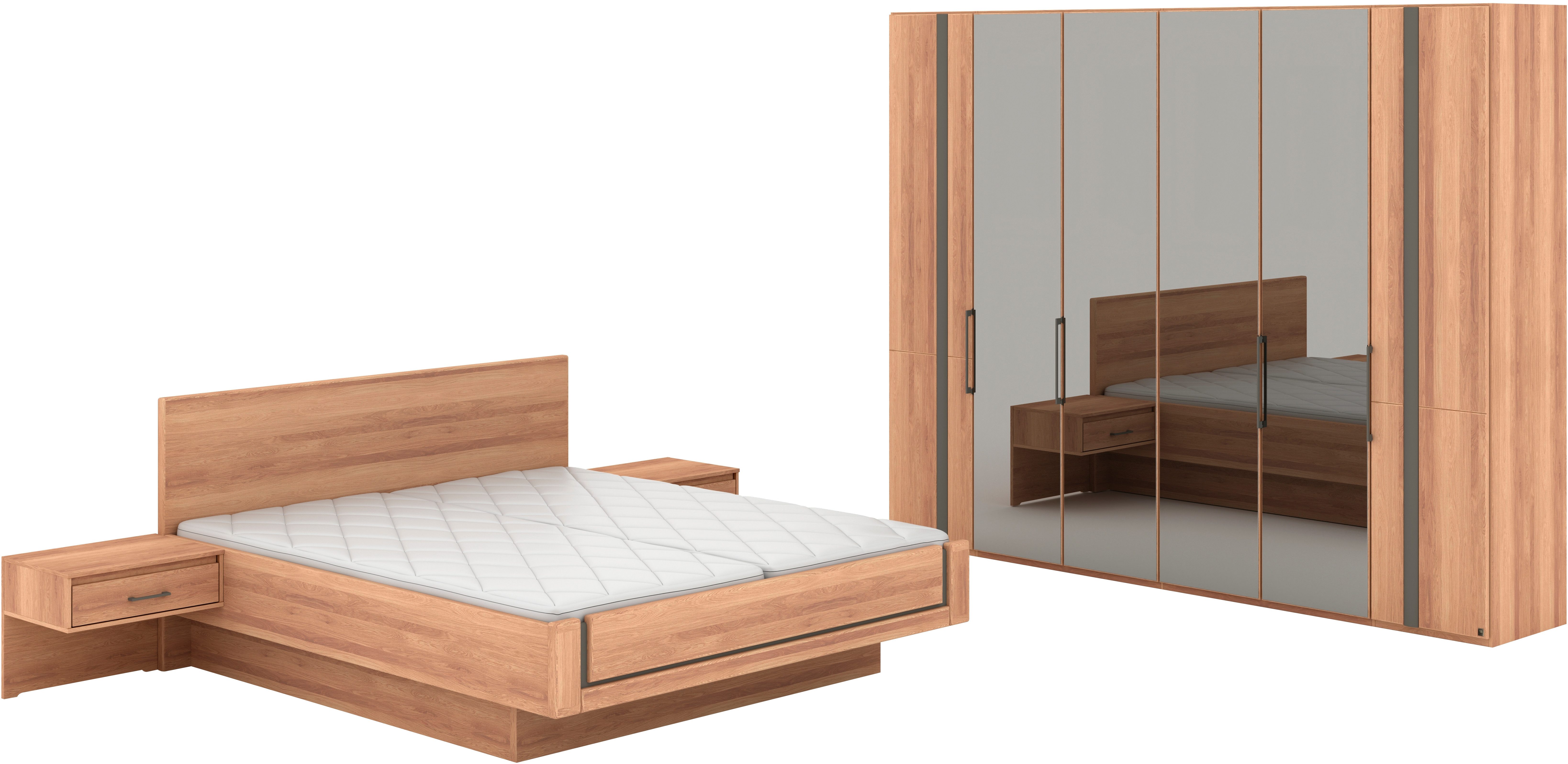 Musterring Schlafzimmer-Set Sorrent, Kleiderschrank, Bett & Nachtkommoden, teilmassiv Eiche, (2er-Set Nachtschränke, Drehtürenschrank 300 cm, Bett 180x200 cm), Bett schwebende Optik, Eiche teilmassiv, Spiegeltüren in Parsol-Bronze