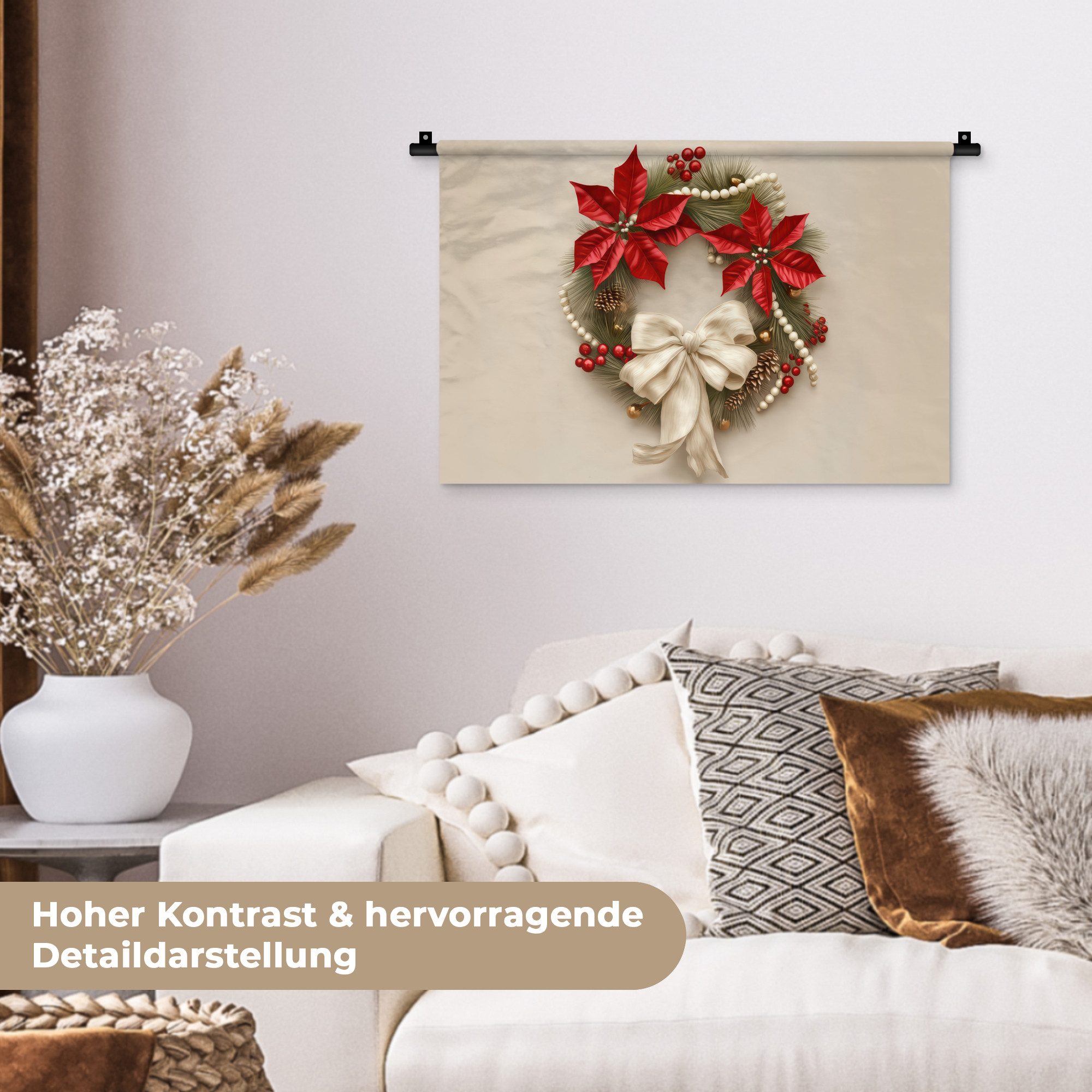 MuchoWow Wandteppich Türkranz - Schleife - Weihnachten - Rot - Grün, Rechteckig, Höhe: 3 mm, Wandteppich für Wohnzimmer, Schlafzimmer, 60x40 cm