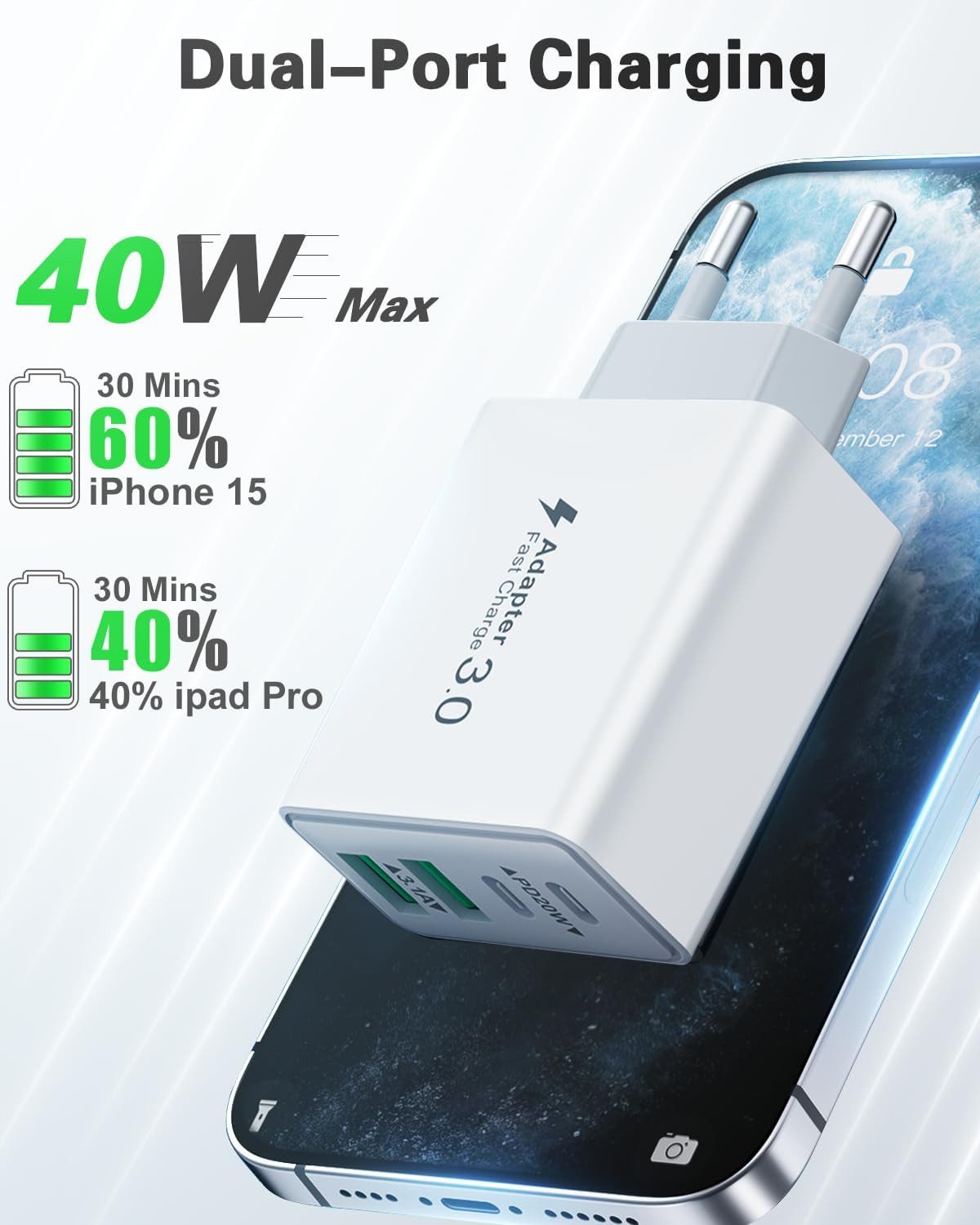 Forrlite USB C Ladegerät 40W Schnellladegerät mit 1,5 m TPE Datenkabel, Schnelllade-Gerät (Handy Ladegeräte 4 Ports, USB-C & USB-A Mehrfachstecker für Smartphone, Tablet, iPhone und Samsung)