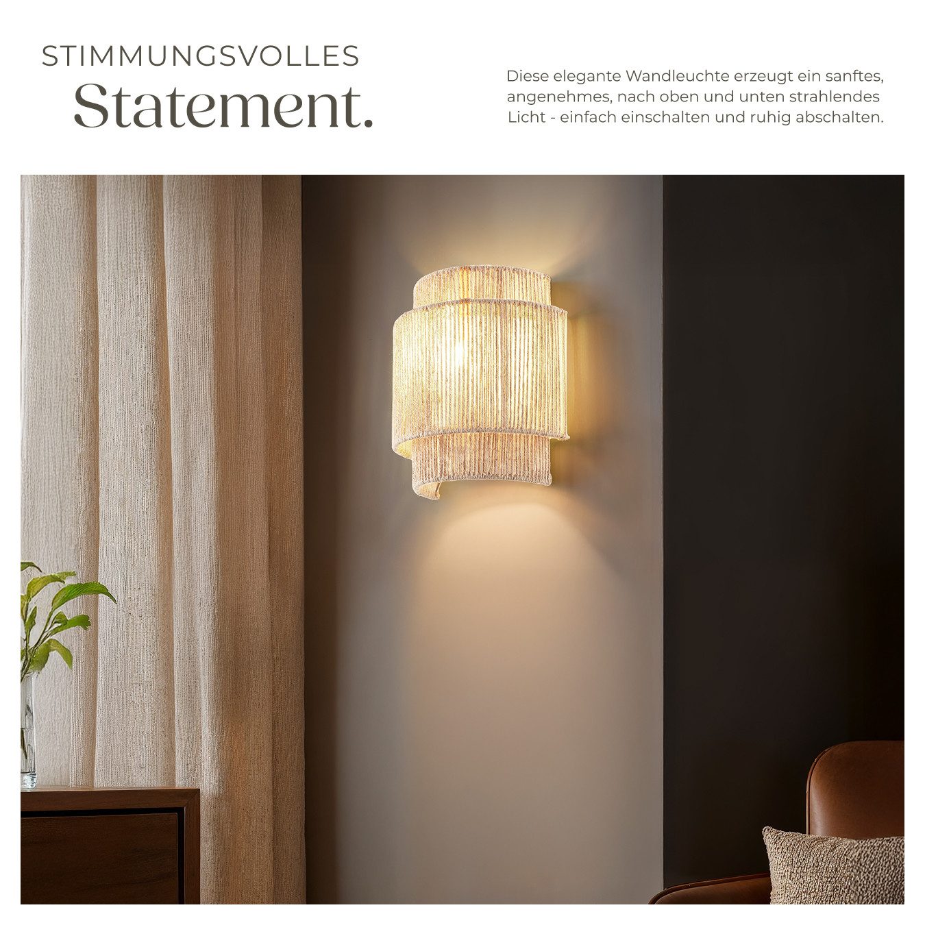 tectake Wandleuchte Wandlampe "Lignea Lux" aus Jute im Boho-Stil, 40W, Kunstvolle Wandbeleuchtung mit 3-stufigem Lampenschirm