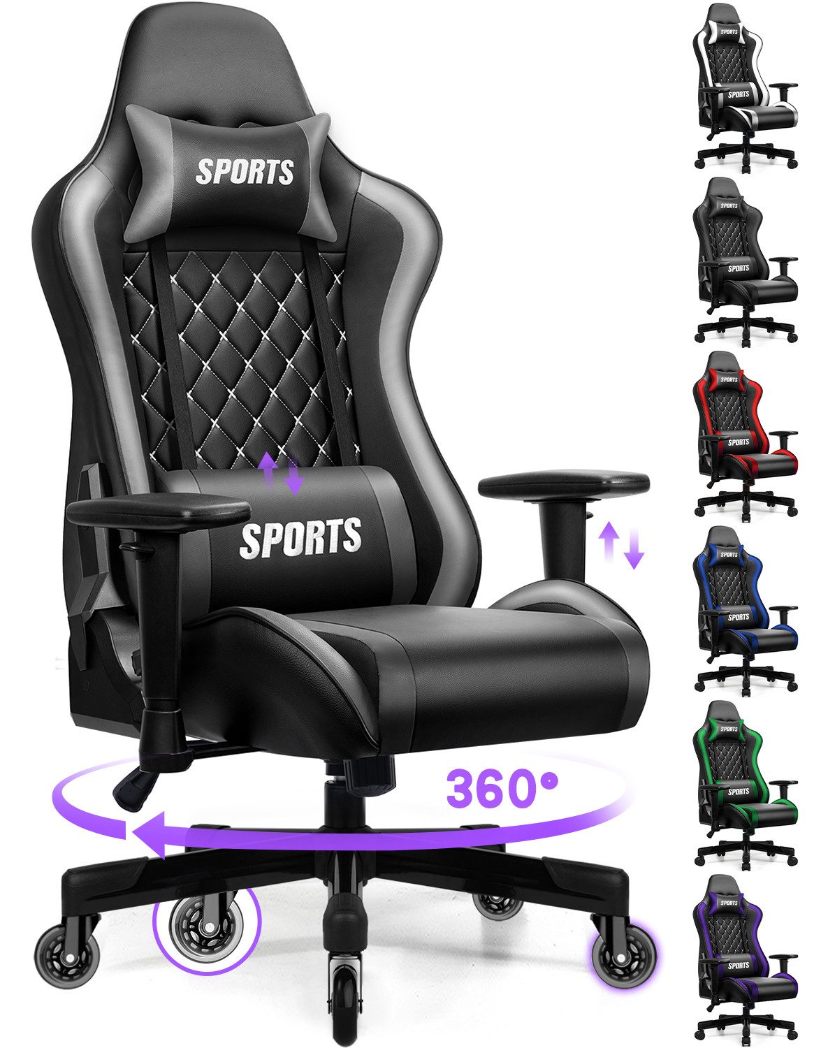 Hiazurm Gaming-Stuhl Gaming Stuhl, Bürostuhl Ergonomisch, Gaming Chair (Ergonomischer Gamer Stuhl mit Wippfunktion, bis 150 kg Belastbarkeit), Gaming Stuhl Bürostuhl mit Verstellbare Armlehnen, Kopfstütze