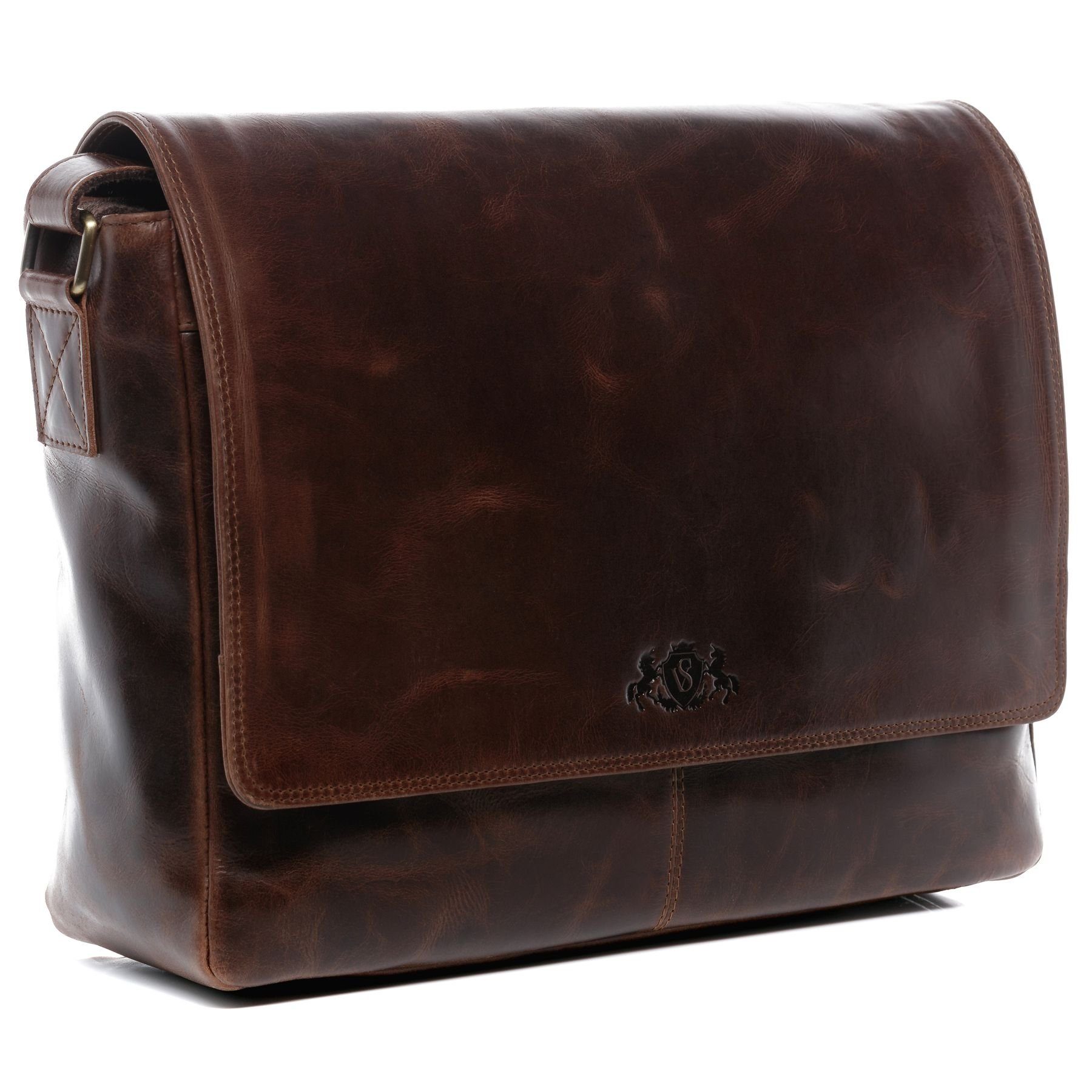 SID & VAIN Messenger Bag SPENCER XL groß Laptop-Tasche 15 Zoll echt Leder, Umhaengetasche Laptop Fach Herren Damen Schultertasche braun