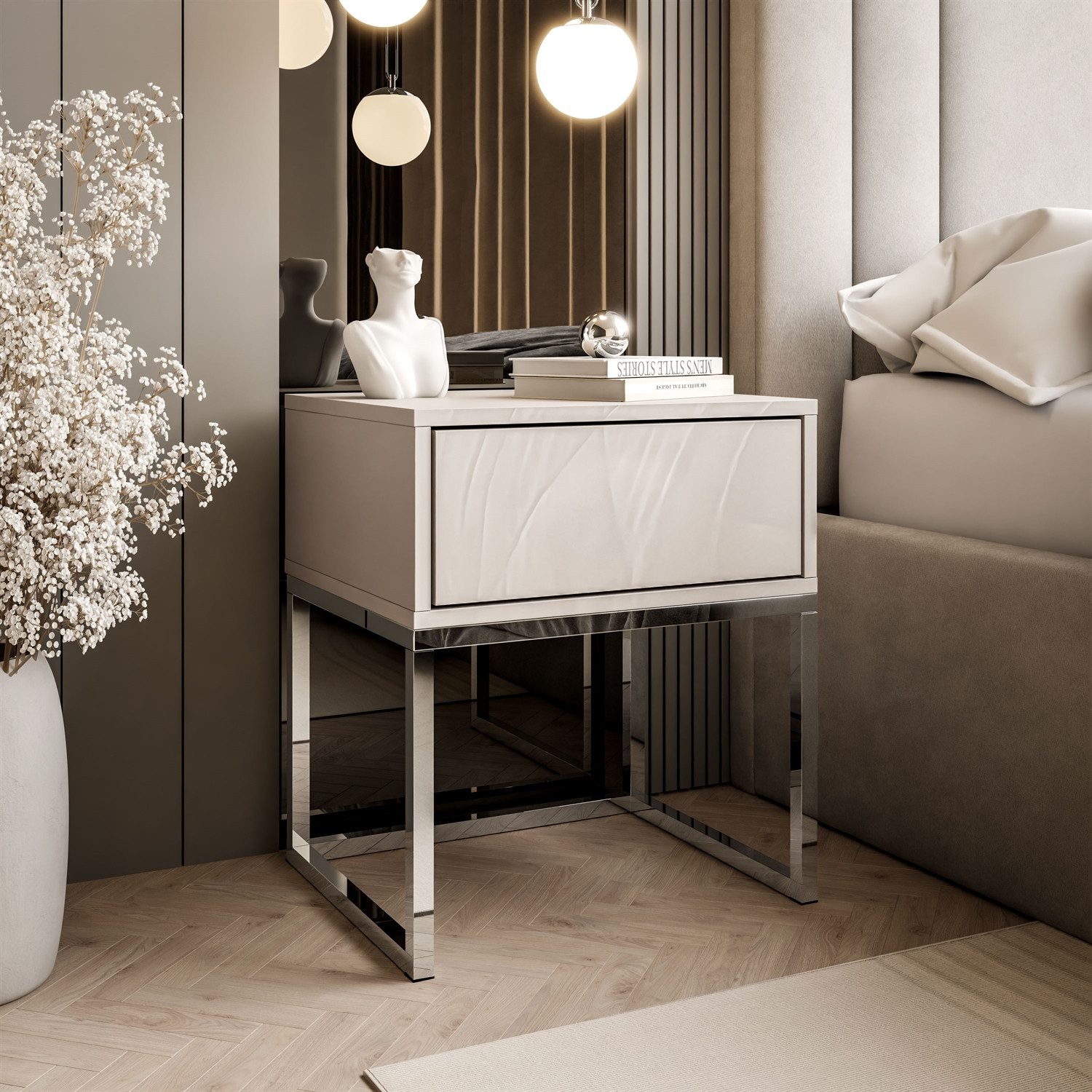 Lookway Nachttisch BLANCO Kaschmir auf verchromtem günstig online kaufen