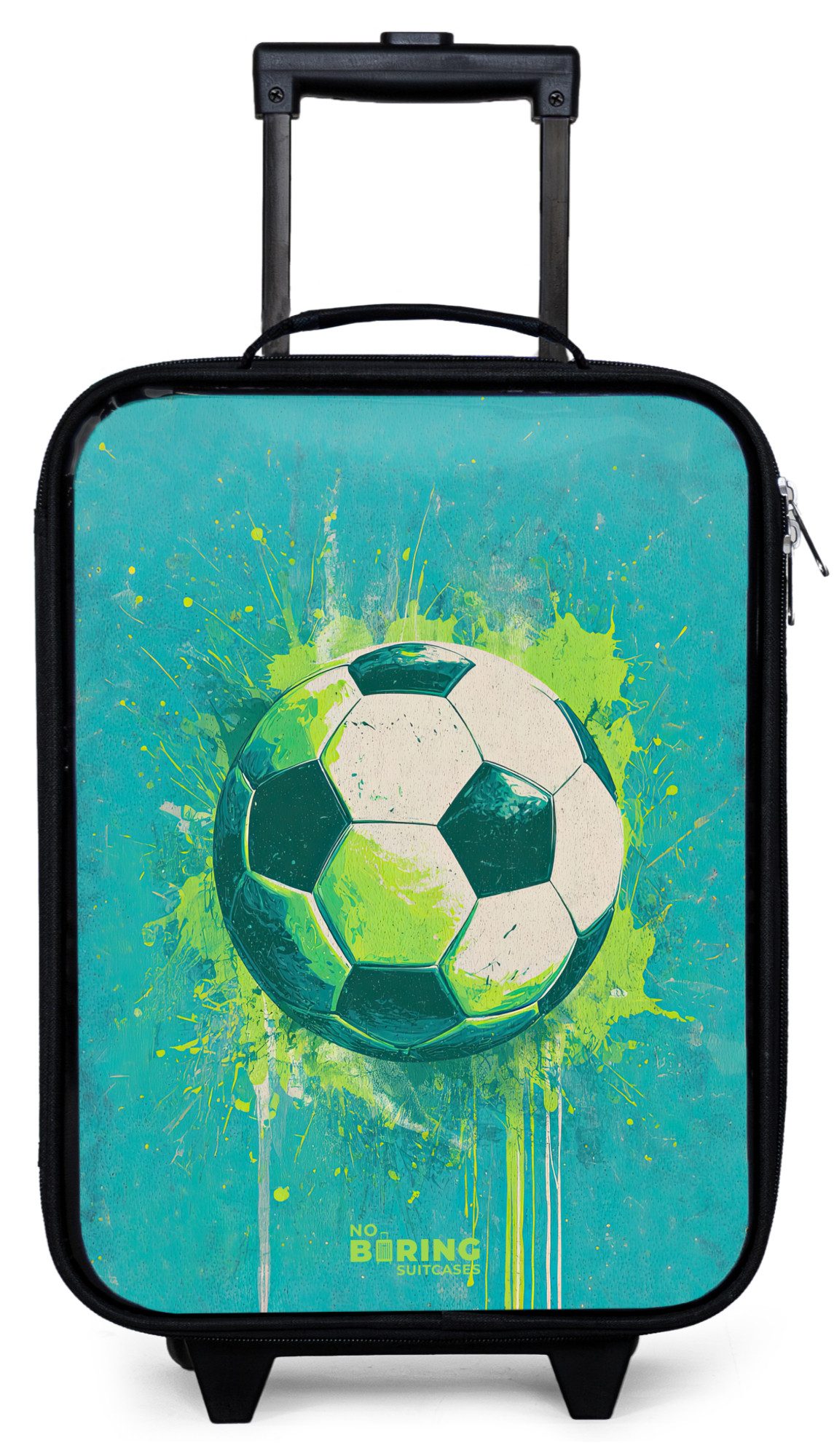 NoBoringSuitcases.com© Kinderkoffer mit leuchtende Räder - Fußball - Farbspritzer - Grün - Blau, 2 Rollen, Kinder Koffer Klein, Trolley Handgepäck, Reisekoffer