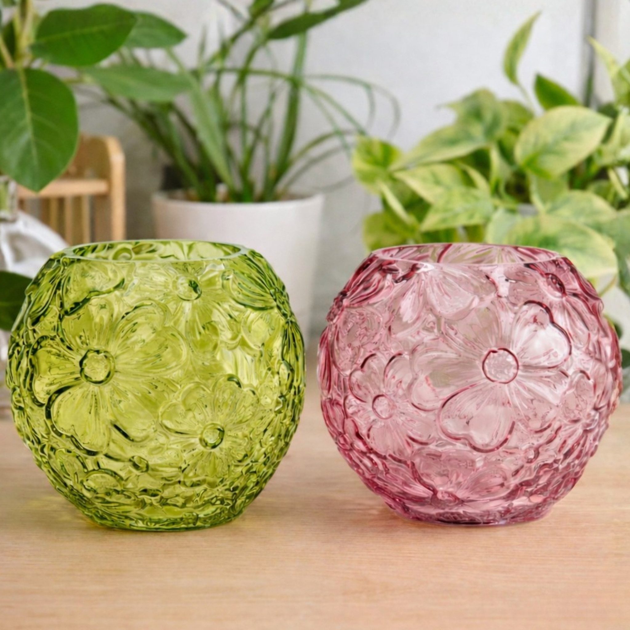matches21 HOME & HOBBY Dekovase Blumenvasen Set, Glas in Rosa / Grün mit Blumen-Muster, Ø 20 cm (2 St), Runde Tulpenvasen als Frühlingsdeko