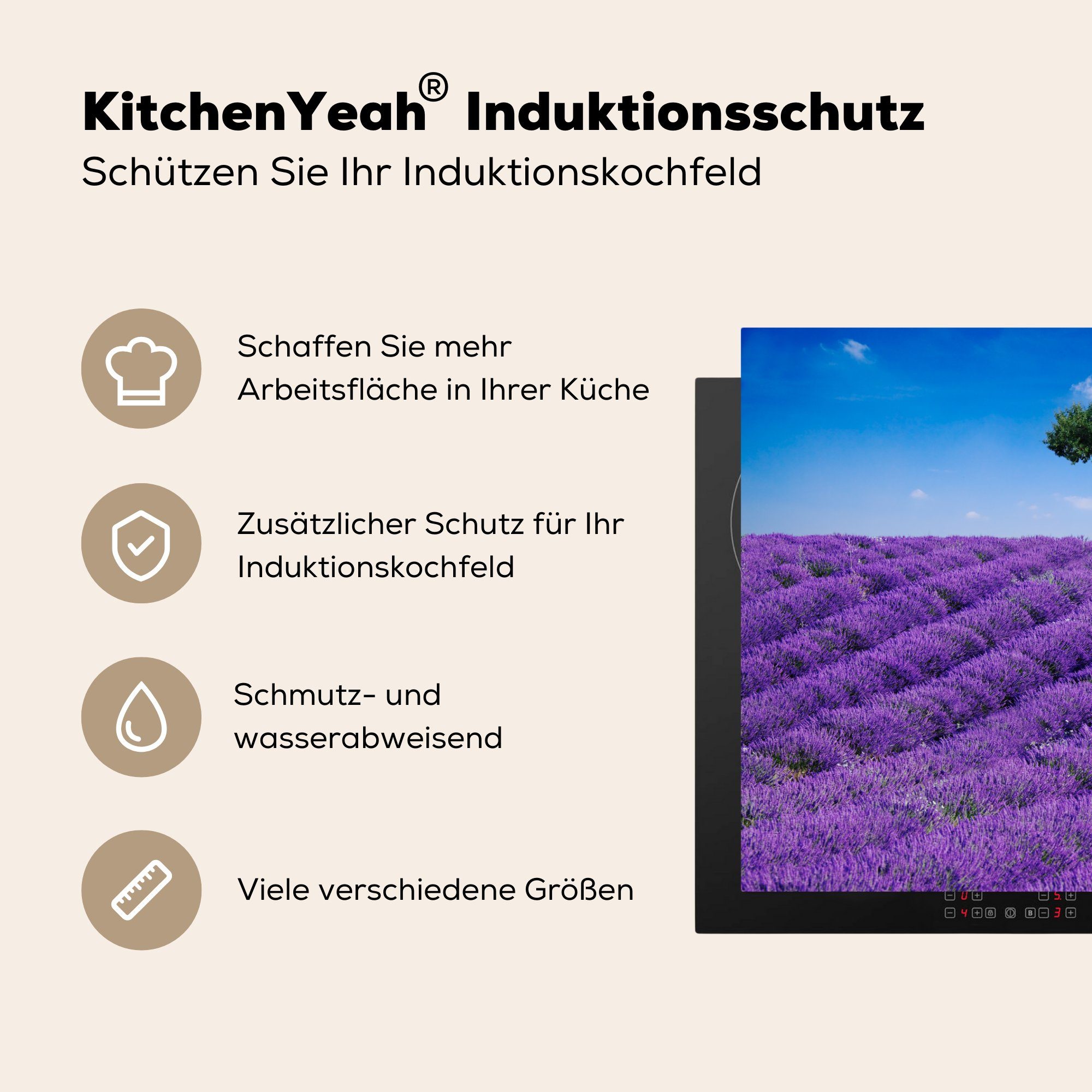 Eine Herdblende-/Abdeckplatte Nahaufnahme Induktionskochfeld Lavendelfeldes, die eines für Ceranfeldabdeckung (1 cm, MuchoWow tlg), küche, 81x52 Vinyl, Schutz