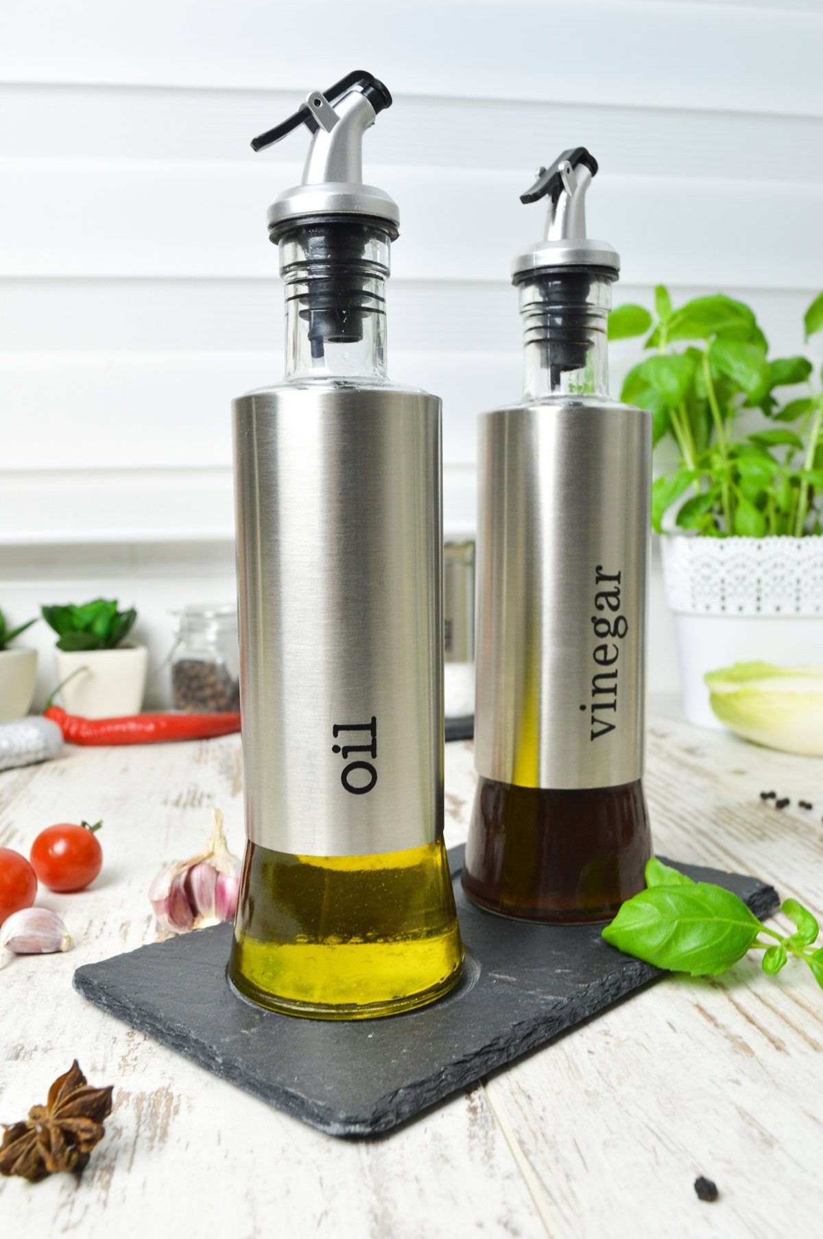 Sendez Menage-Set Öl und Essig Set auf Schieferplatte Ölspender Essigspender Ölflasche – Bild 4 von 5