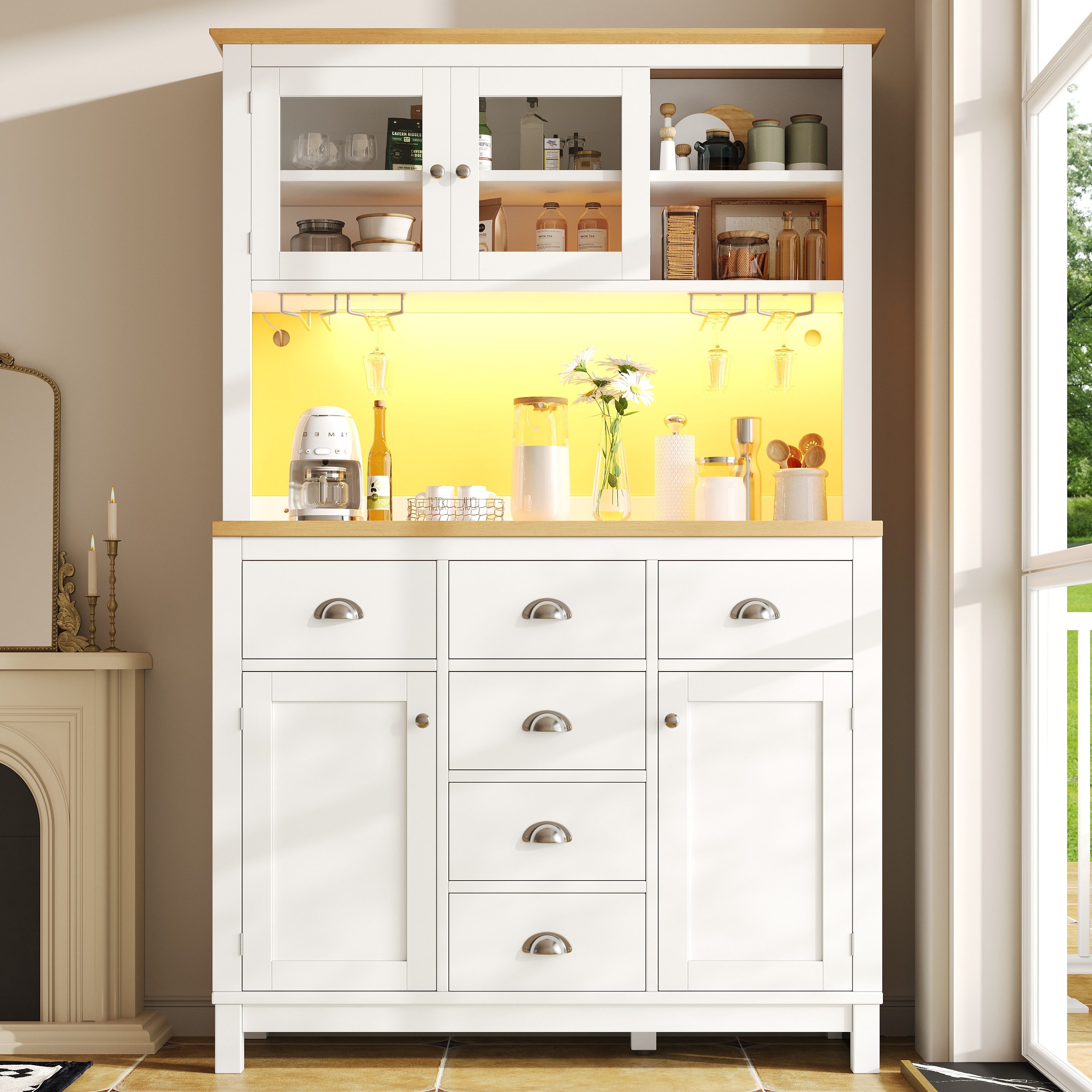Flieks Küchenbuffet mit Arbeitsplatte in Holzoptik Natur & LED-Beleuchtung in Retro-Stil (1-St., B104/T40/H180 cm) Hochschrank Küchenschrank mit Gläserhalter, S – Bild 3 von 5