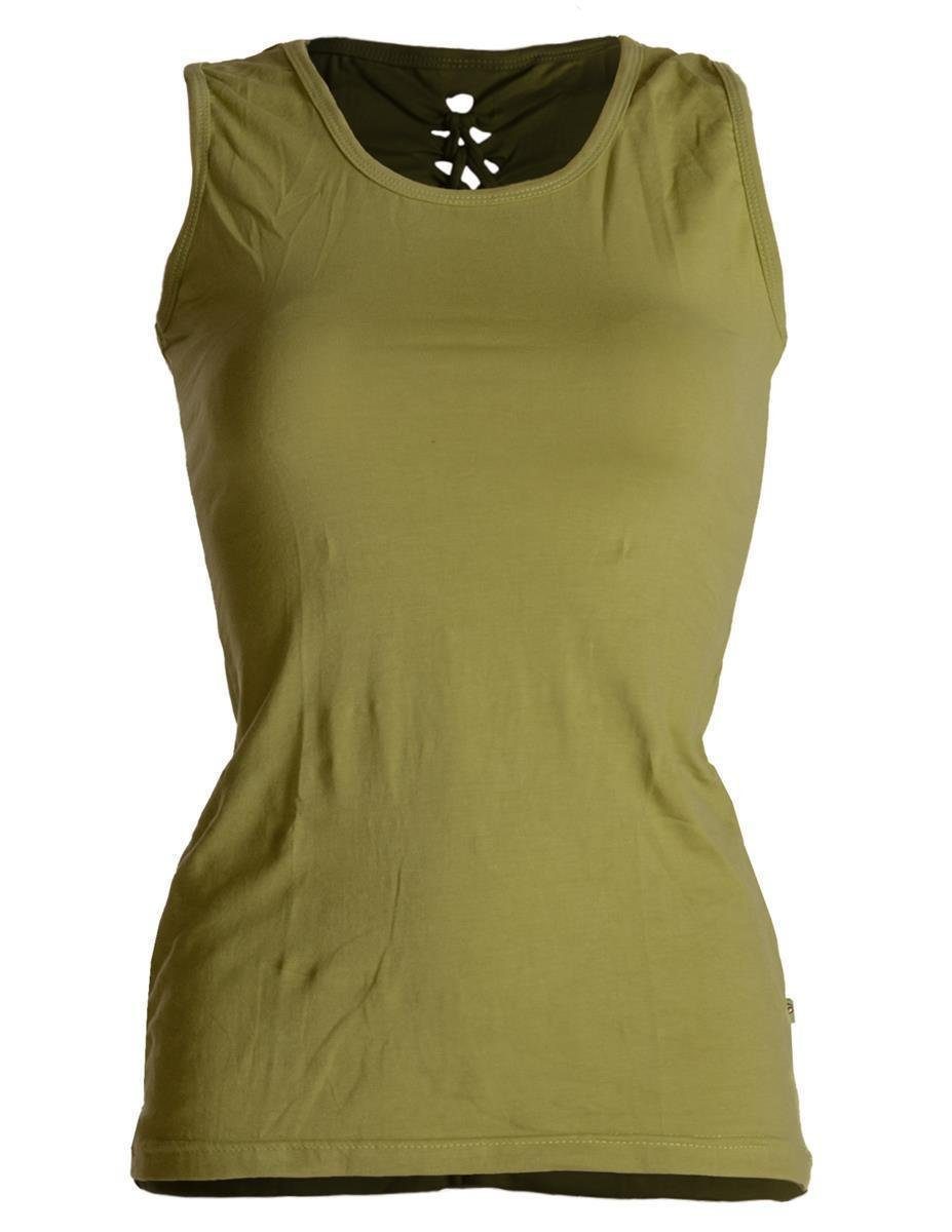 Hippie, Rücken dem mit Cutwork Shirt Sommer-Top Goa-Shirt, Dehnbares Vishes auf olivgrün Tunikakleid Sommer