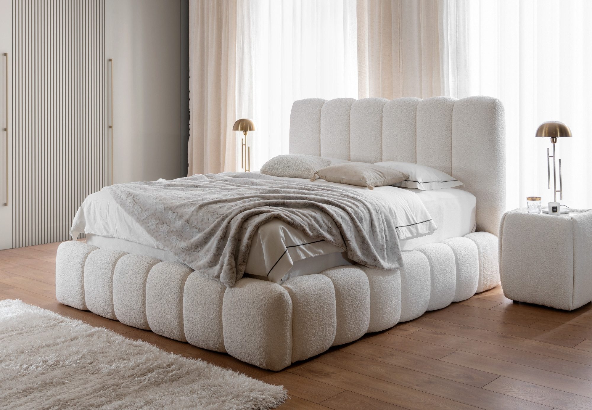 Home Collective Polsterbett Doppelbett Bubble Bettgestell mit Lattenrost und Stauraum Bouclé-Bezug (Verfügbare Größen:120x200, 140x200, 160x200, 180x200, 200x200 cm), modernes Design mit Steppung im Bouclé-Look Creme